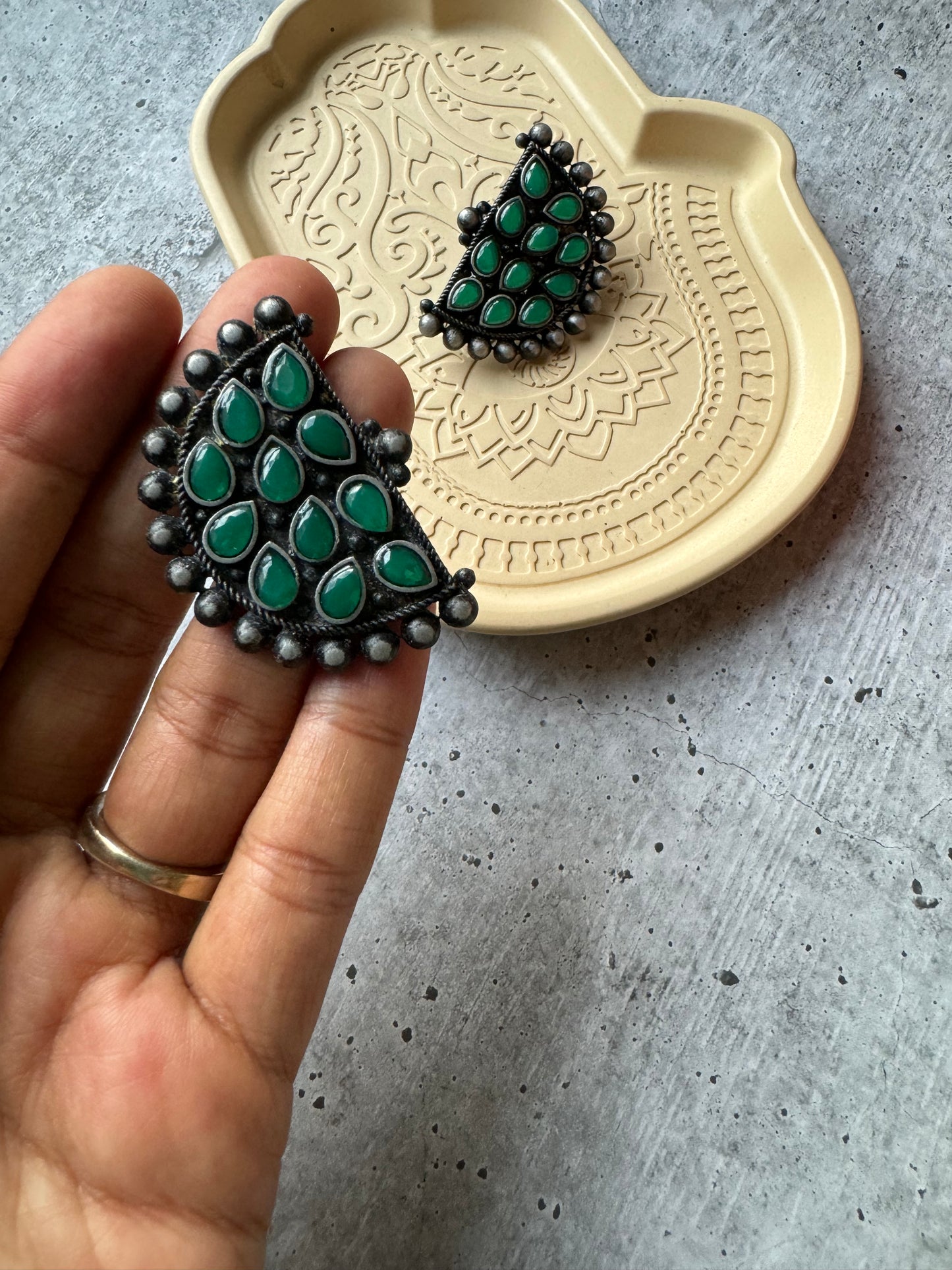 Premium Quality German Silver Green Stone Work Designer Earring