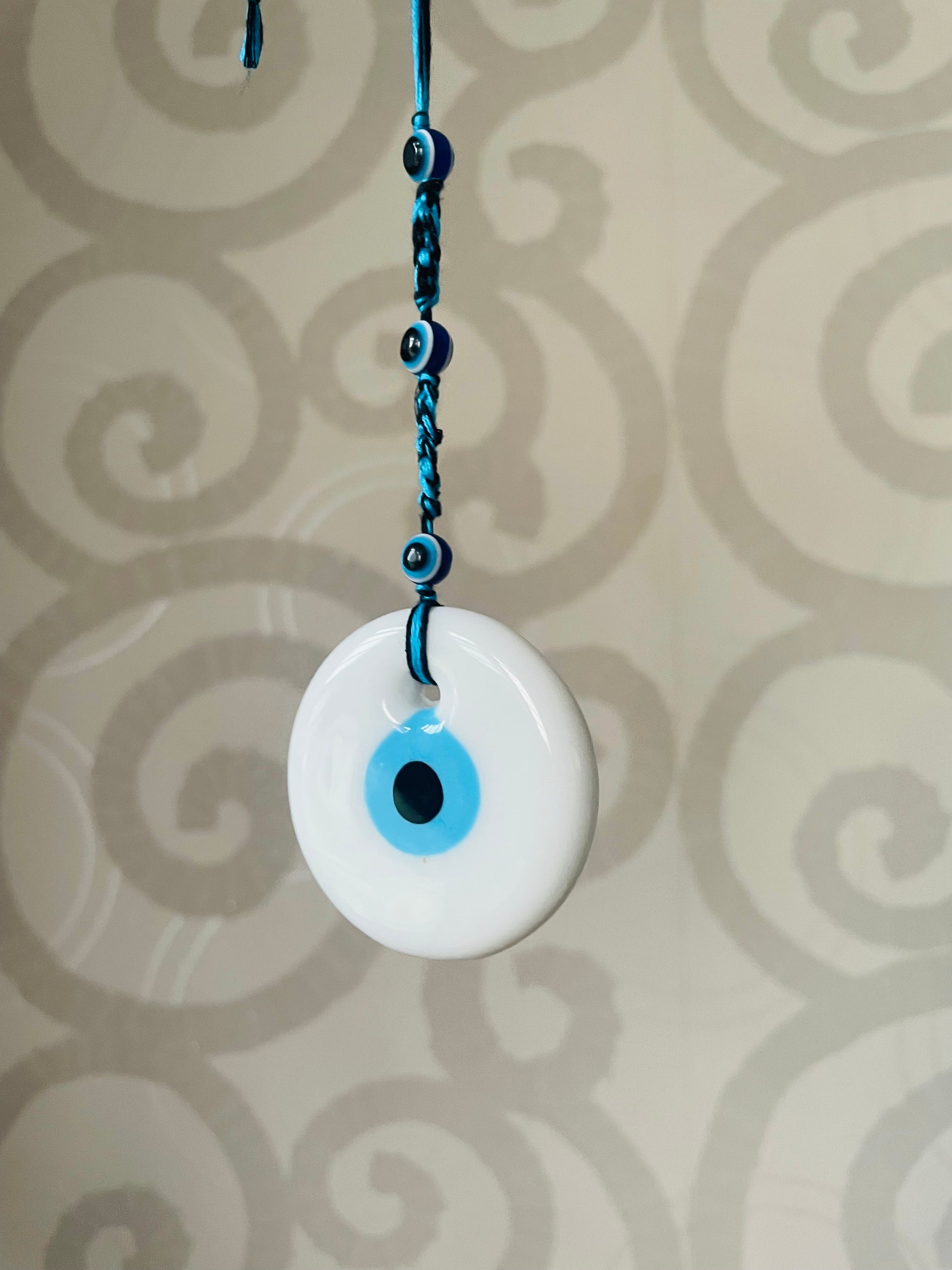 Turkish Evil Eye Amulet Car Hanging - White - Teal By Tanvi