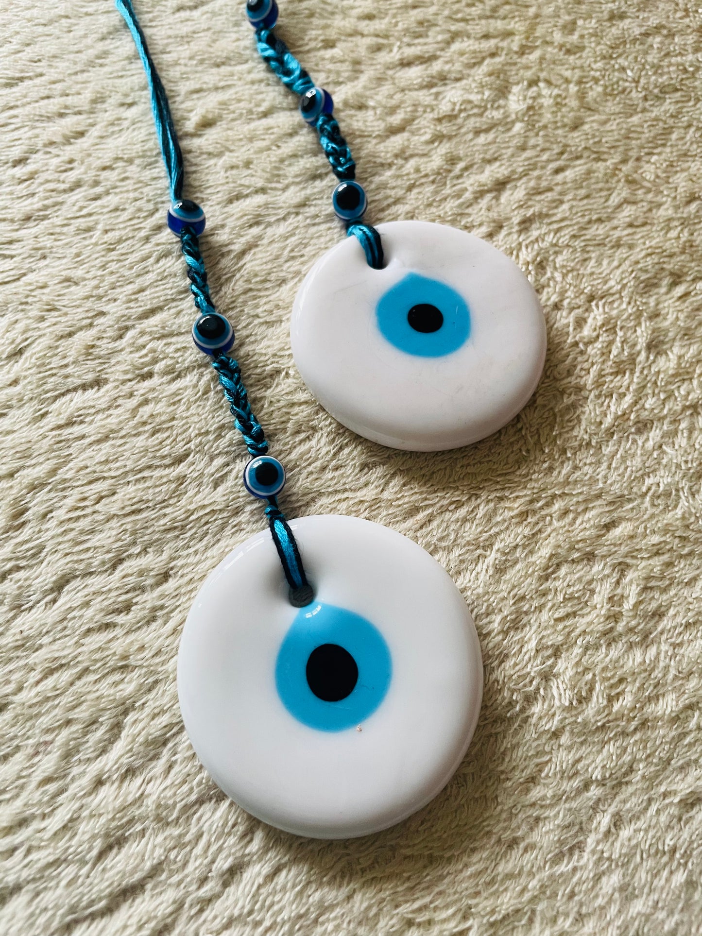 Turkish Evil Eye Amulet Car Hanging - White - Teal By Tanvi