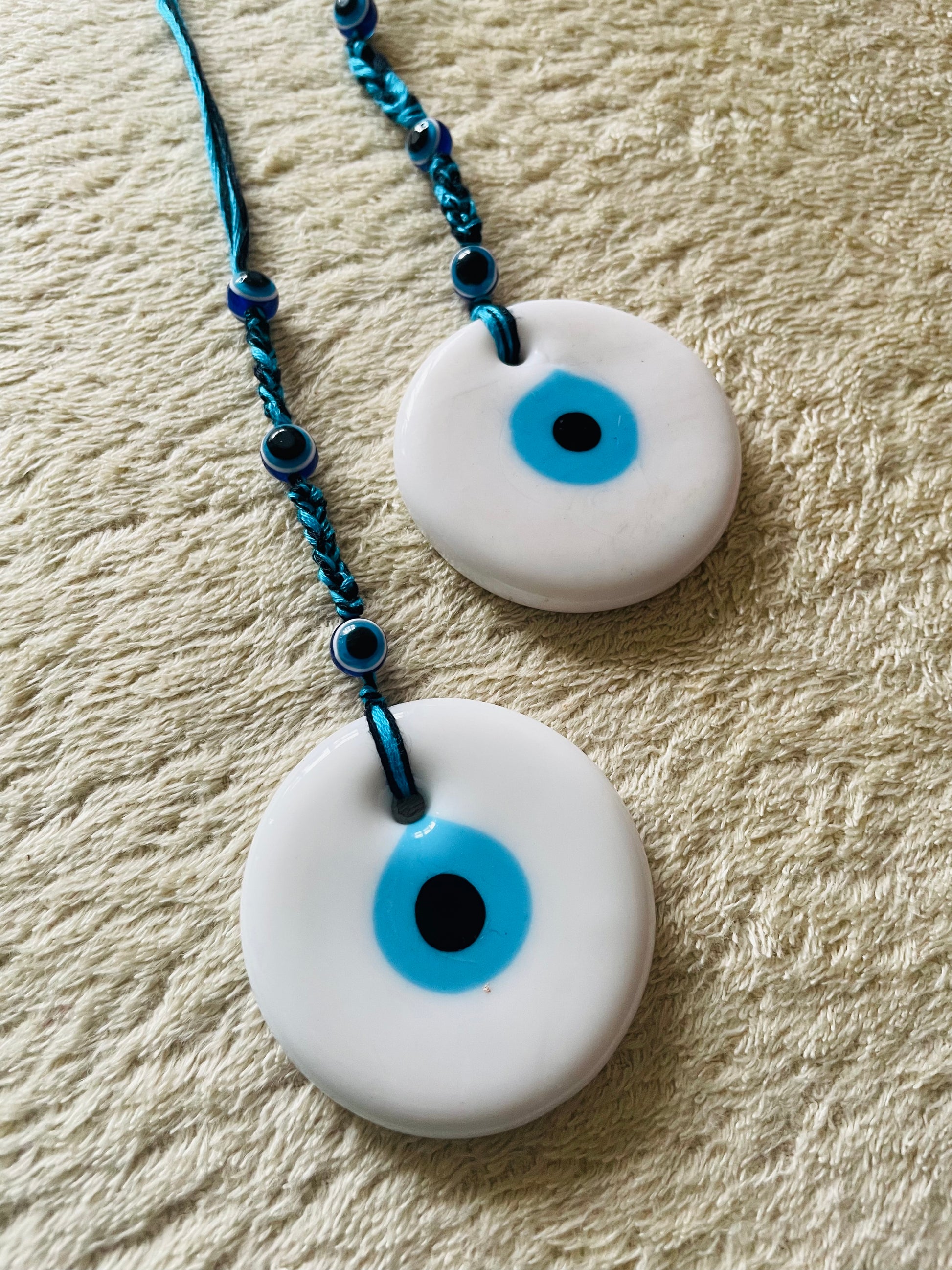Turkish Evil Eye Amulet Car Hanging - White - Teal By Tanvi