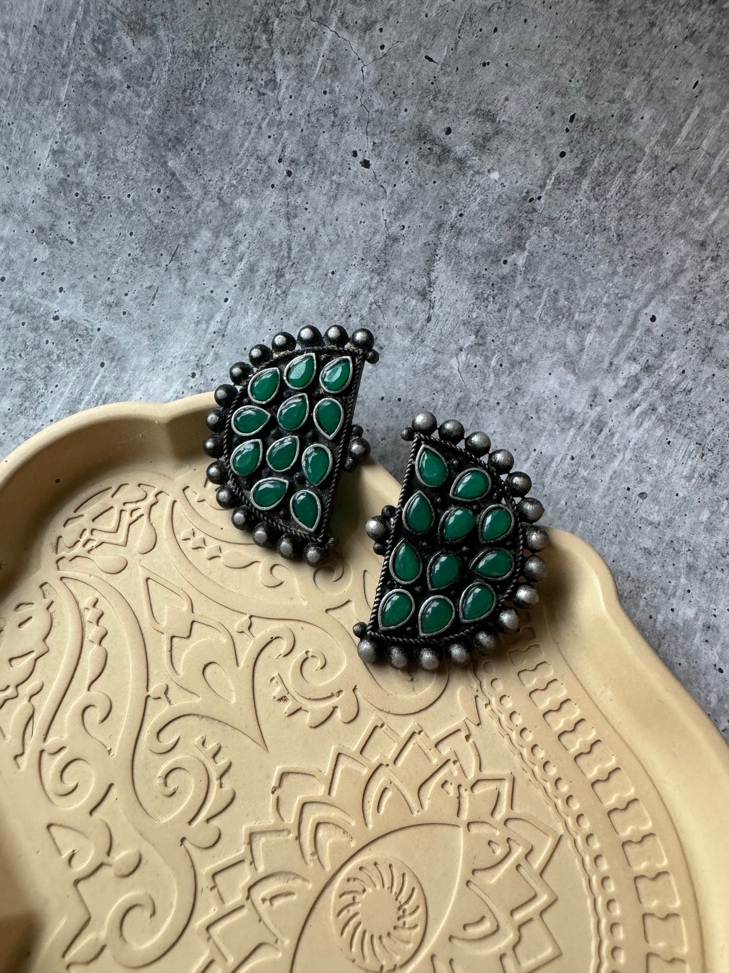 Premium Quality German Silver Green Stone Work Designer Earring