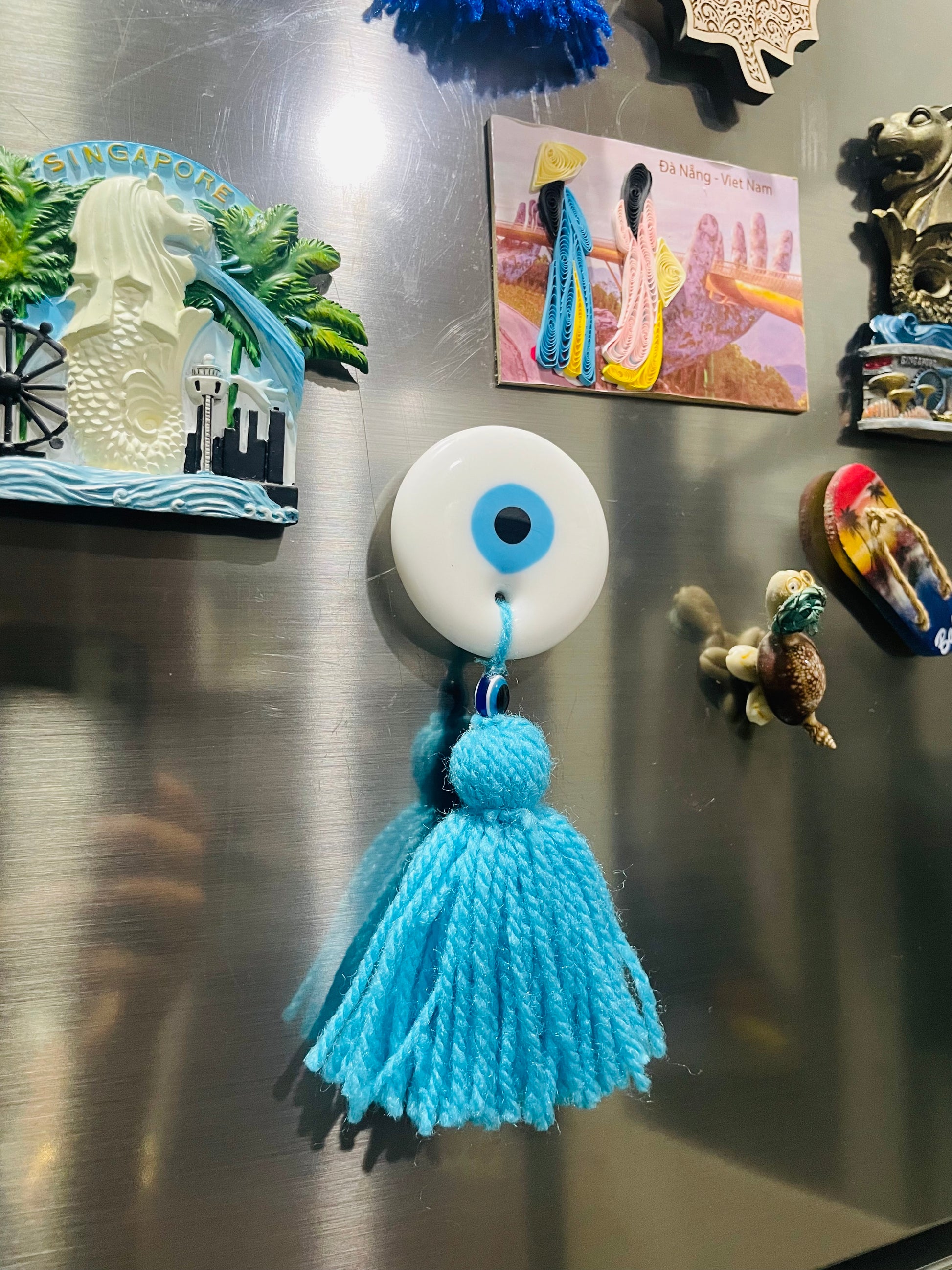 Turkish Evil Eye Fridge Magnet - White - Teal By Tanvi