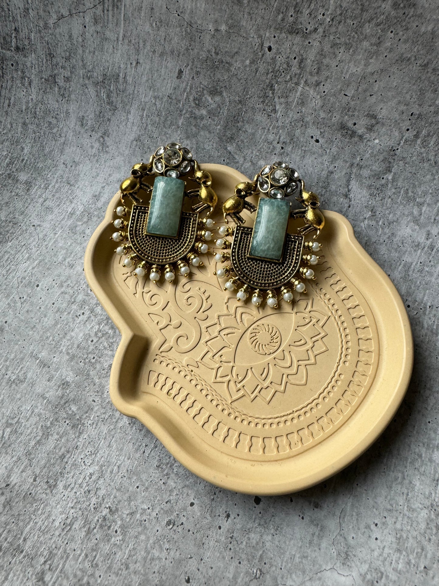 Premium Quality German Silver Golden Blue Stone Work Designer Earring