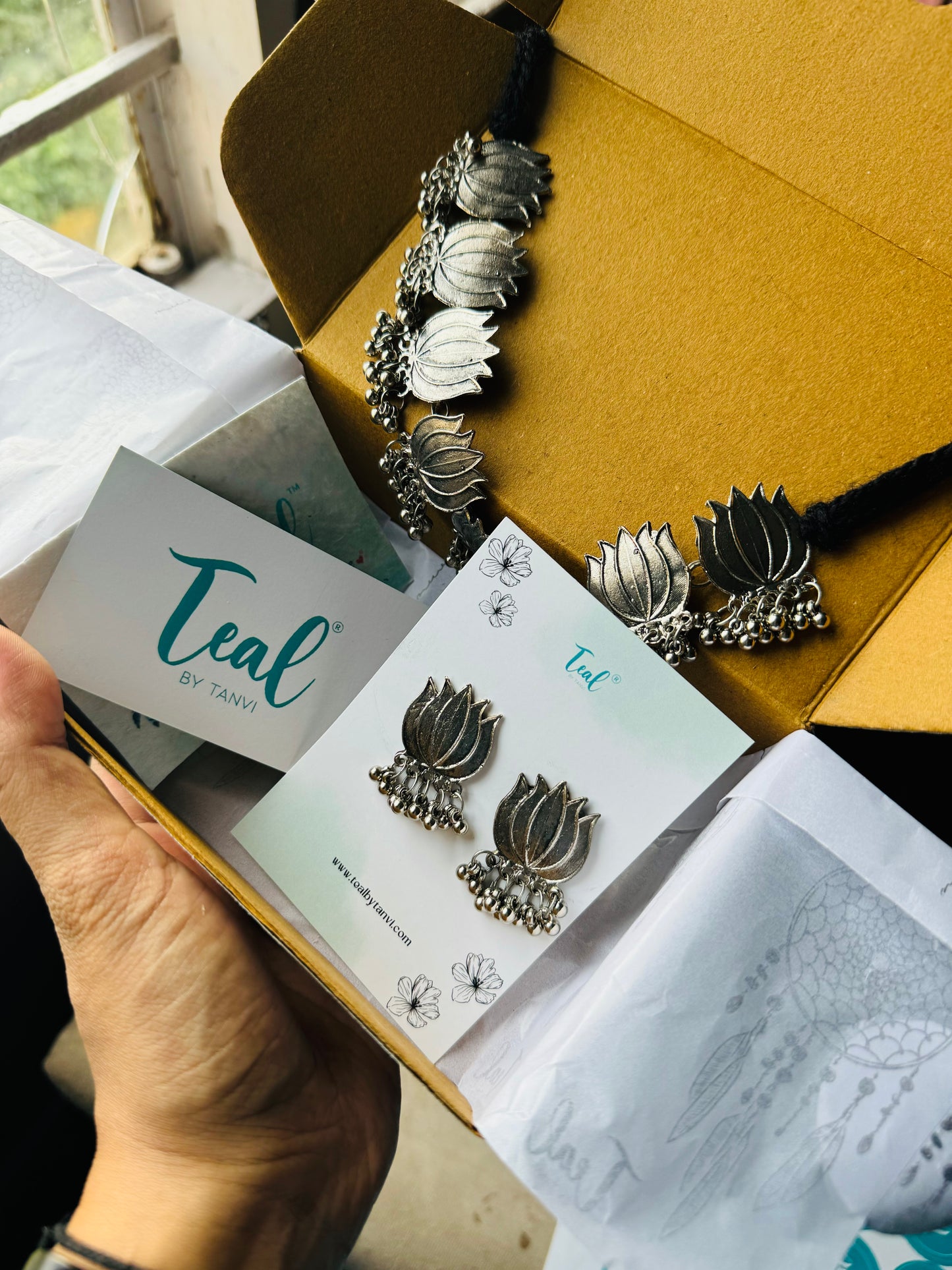 German Silver Lotus Choker and Earring Set