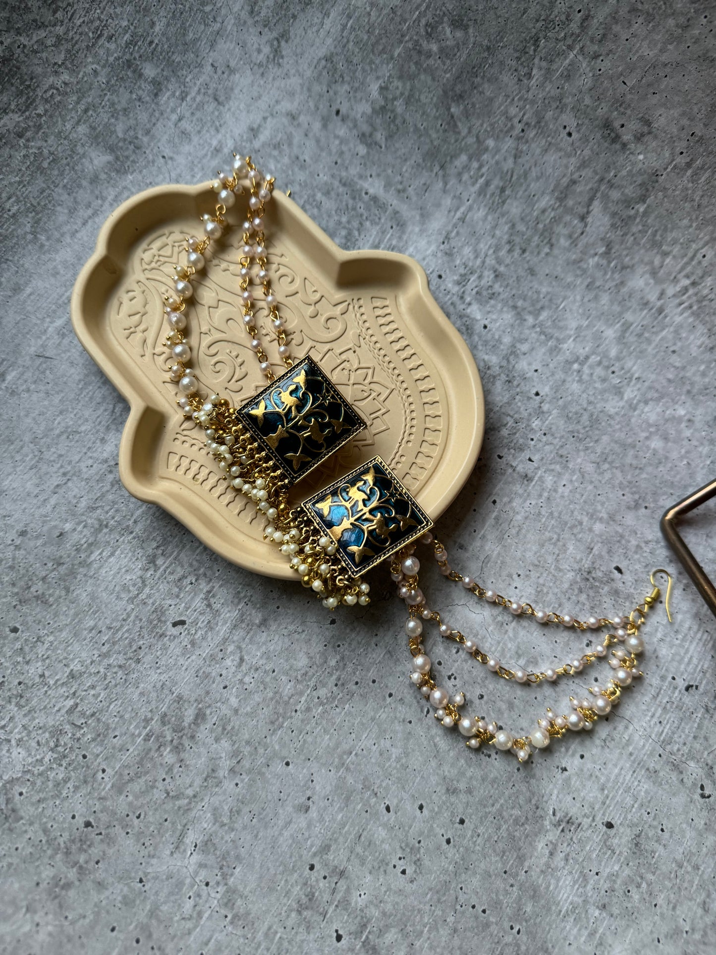 Premium Quality German Silver Blue Golden Meenakari with 3-layer Earchain Earring