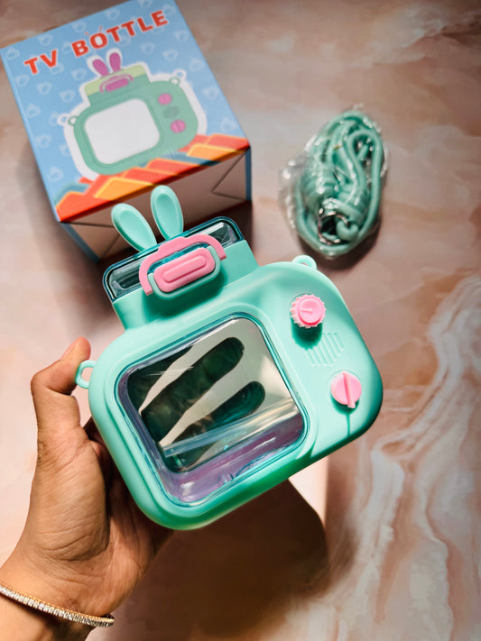 Retro Bunny TV Sipper Bottle With Strap | Kids Cute Water Bottle | BPA Free Plastic Bottle | Silicone Cover