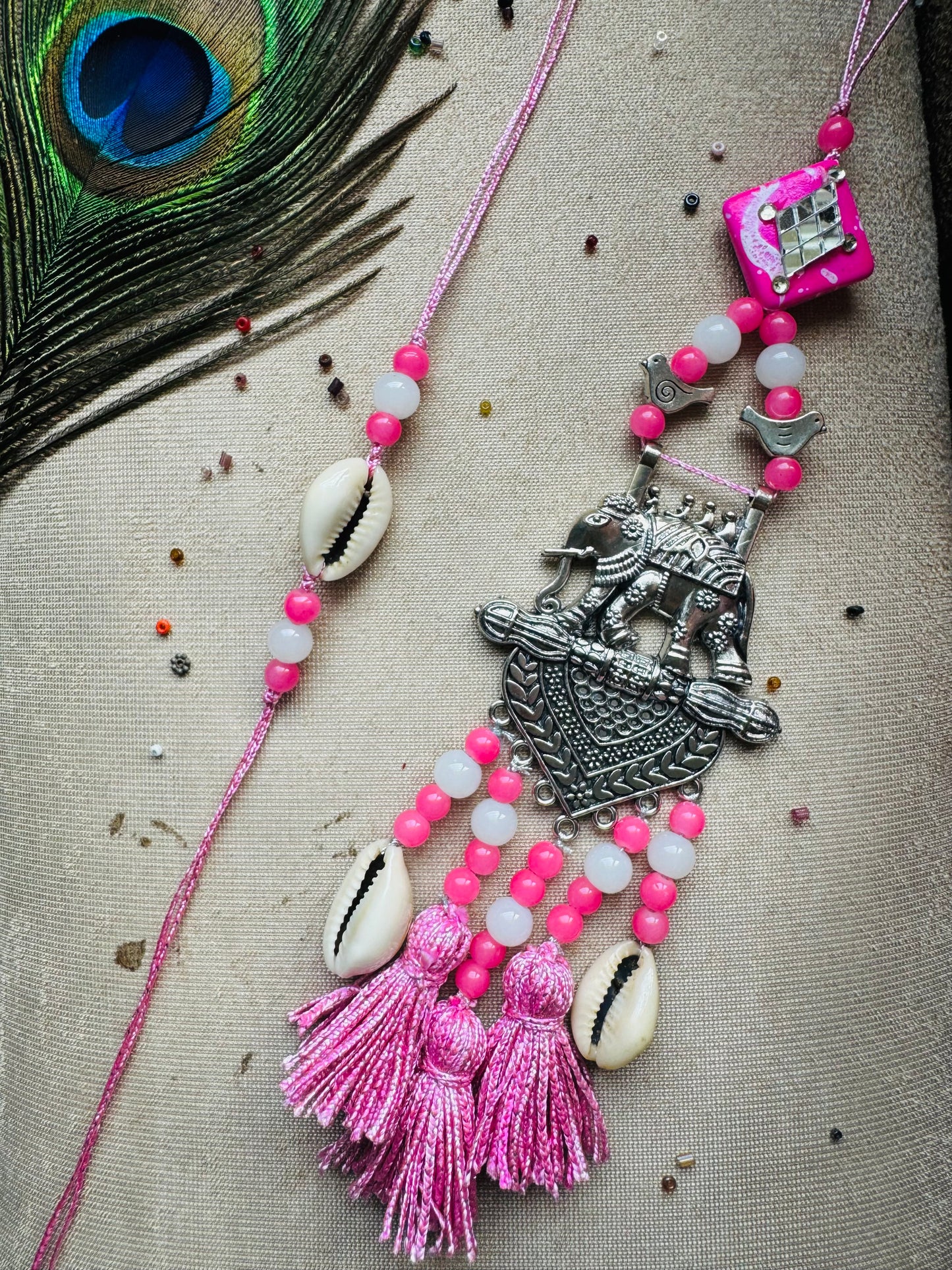 German Silver Pink Couple Rakhi and Lumba Set (Bhaiya Bhabhi Rakhi Set)