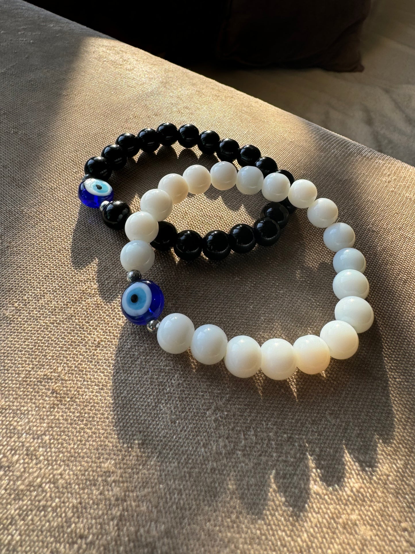 Black and white bead evil eye couple bracelet - Set of 2