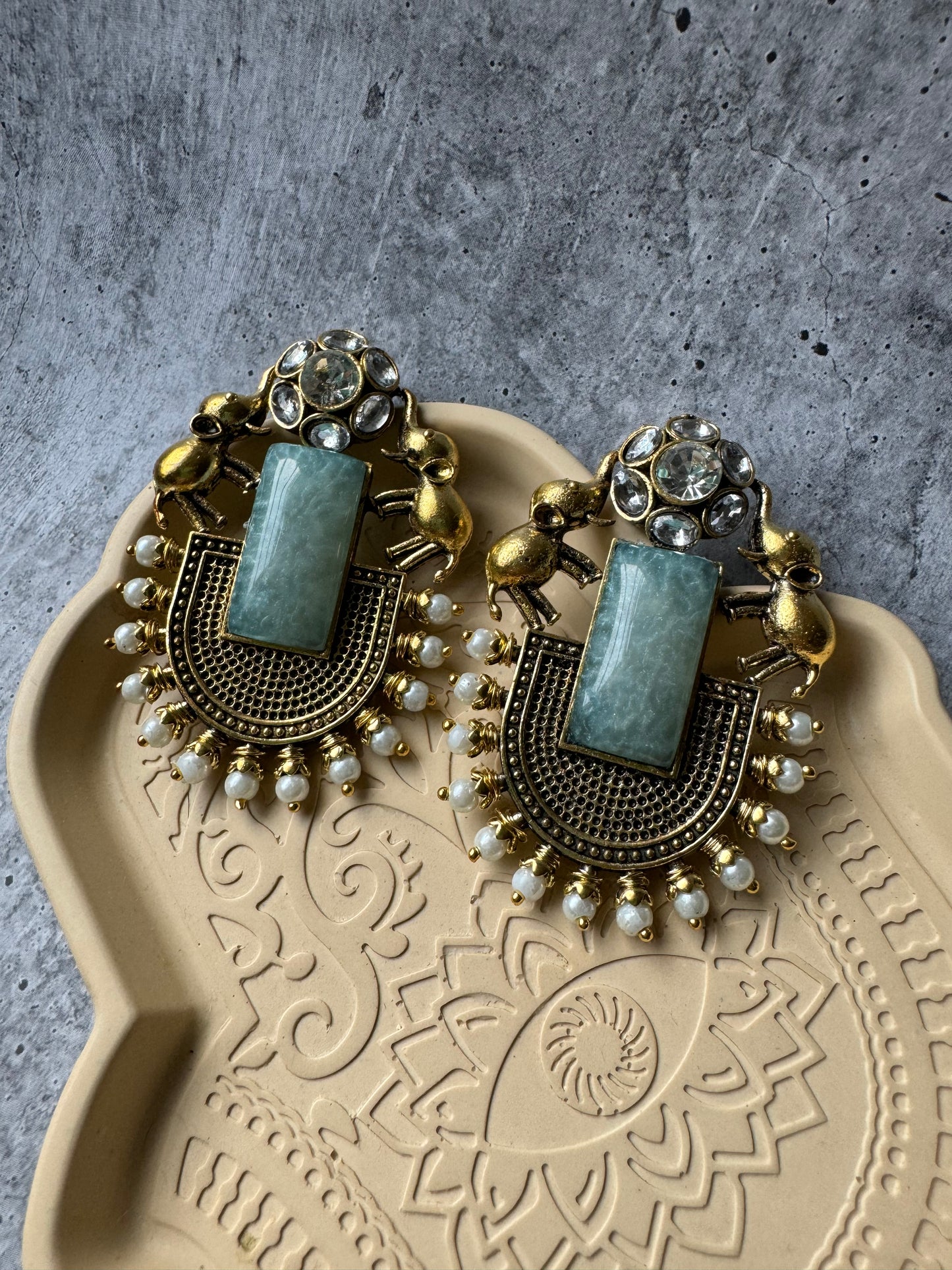 Premium Quality German Silver Golden Blue Stone Work Designer Earring