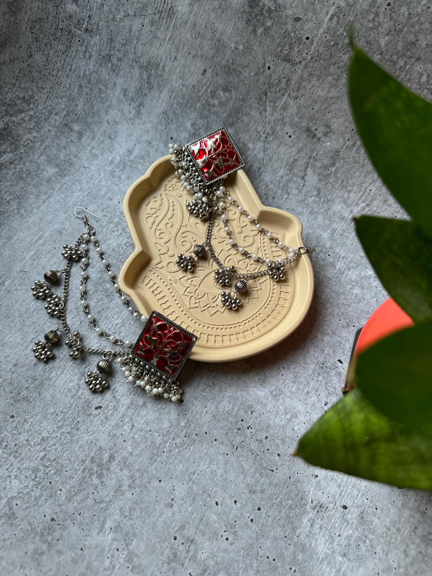 Premium Quality German Silver Red Meenakari with 3-layer Earchain Earring