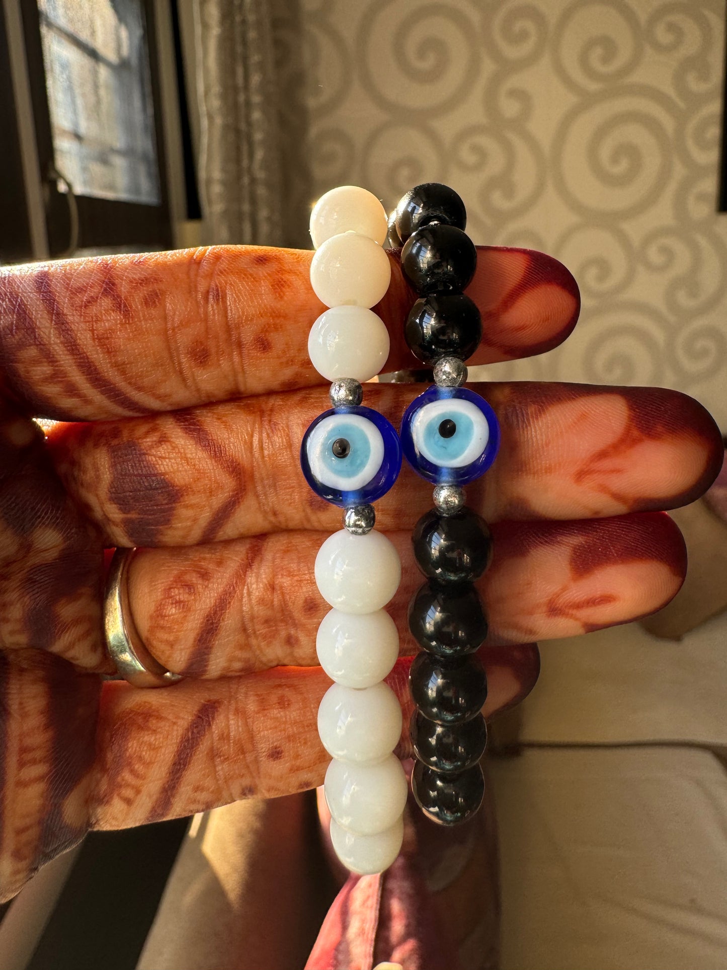 Black and white bead evil eye couple bracelet - Set of 2