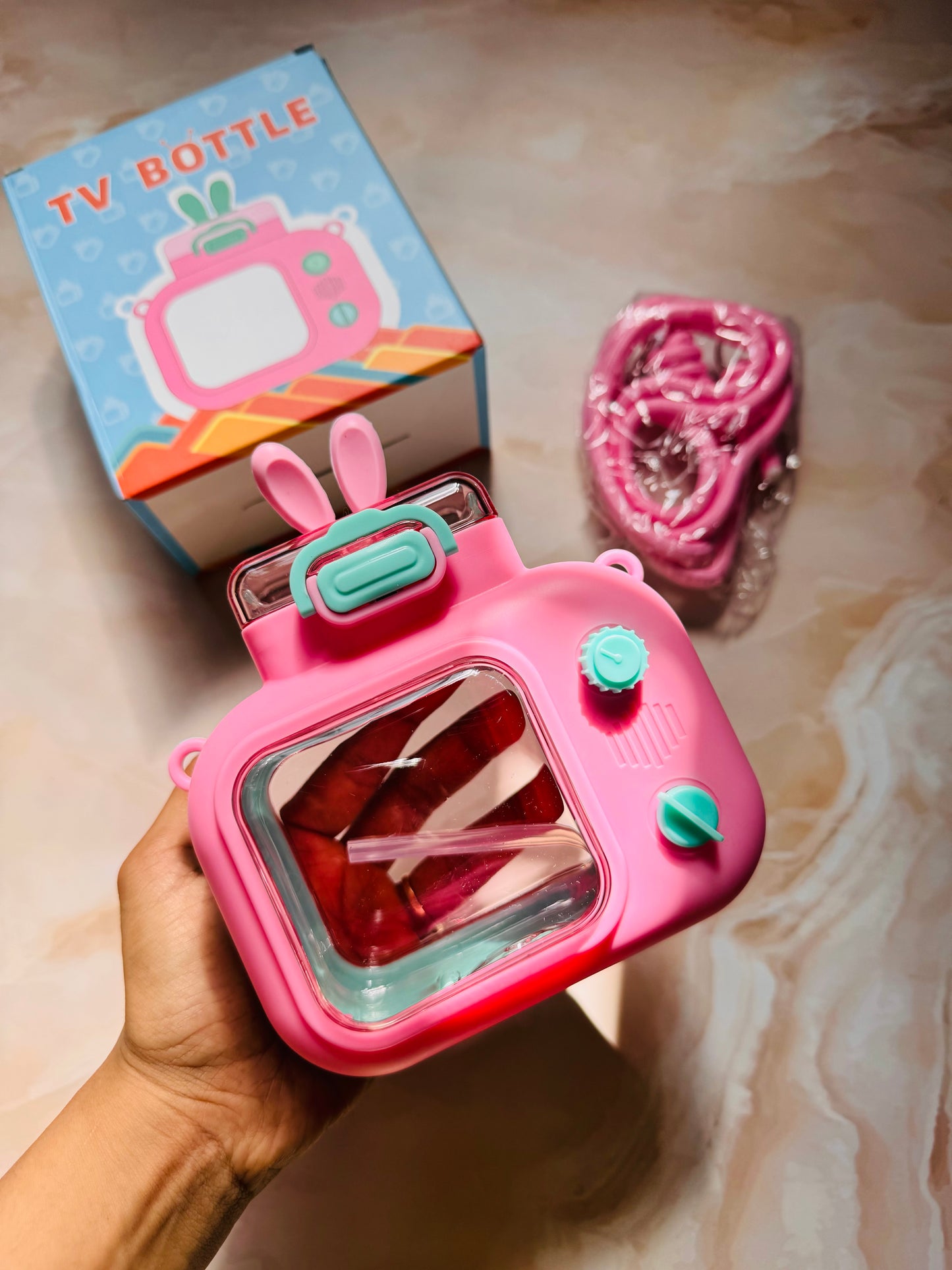 Retro Bunny TV Sipper Bottle With Strap | Kids Cute Water Bottle | BPA Free Plastic Bottle | Silicone Cover