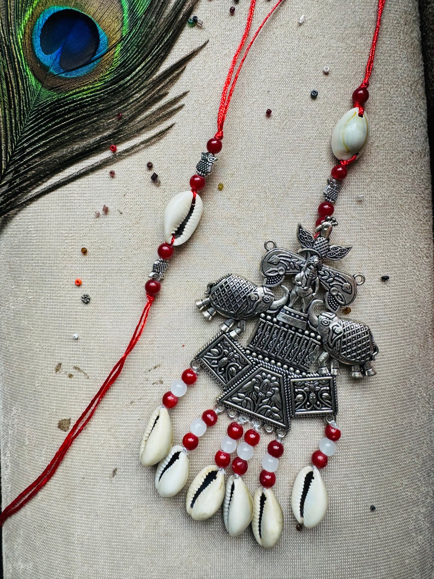 German Silver Elephant Couple Rakhi and Lumba Set (Bhaiya Bhabhi Rakhi Set)