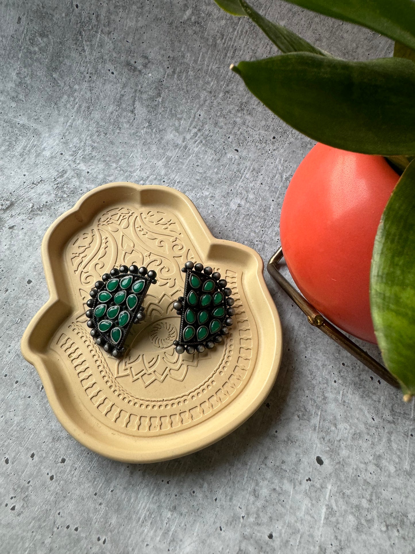 Premium Quality German Silver Green Stone Work Designer Earring