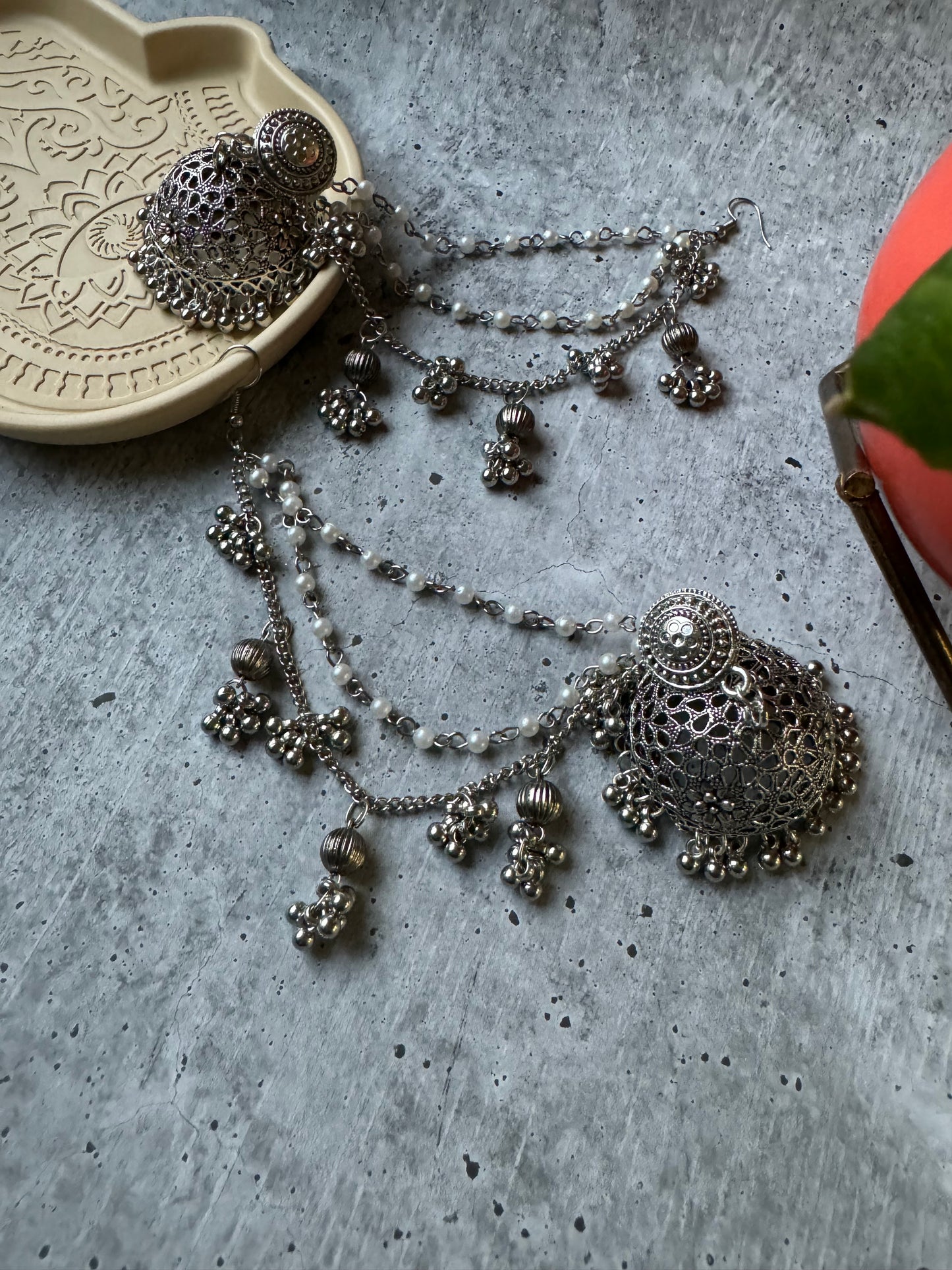 Premium Quality German Silver Jhumka with 3-layer Ghungroo Earchain Earring