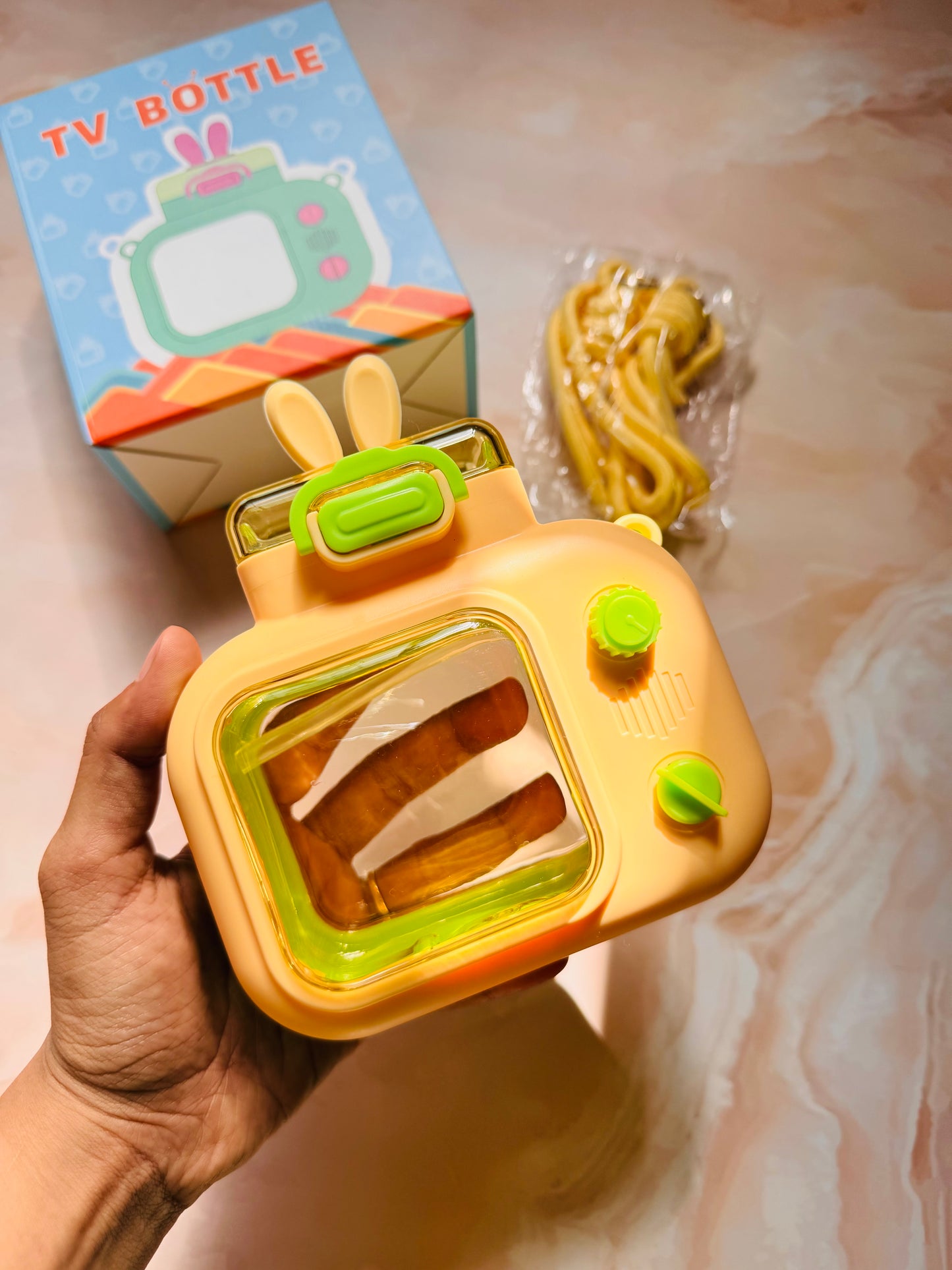 Retro Bunny TV Sipper Bottle With Strap | Kids Cute Water Bottle | BPA Free Plastic Bottle | Silicone Cover