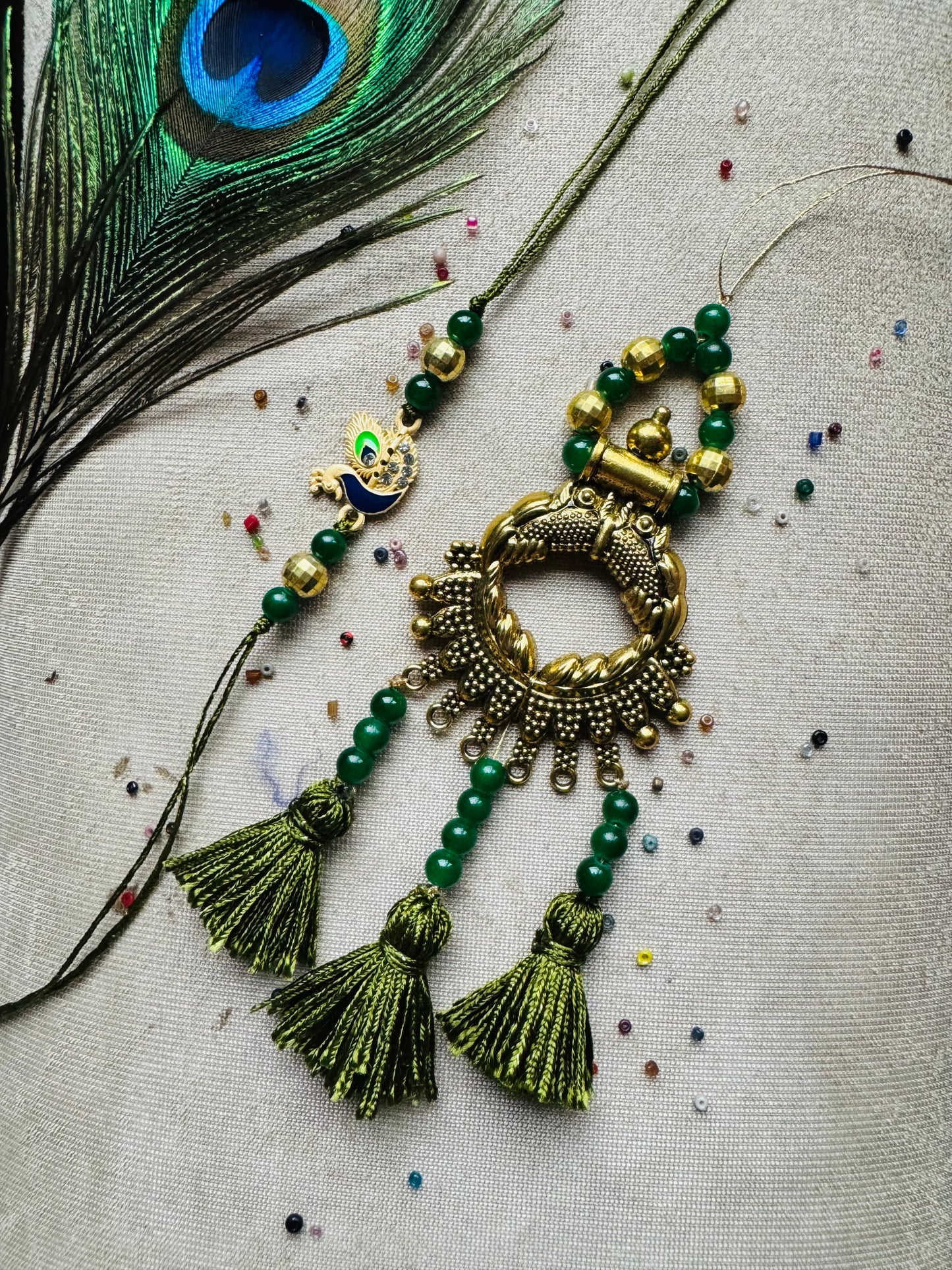 Peacock Green Couple Rakhi and Lumba Set (Bhaiya Bhabhi Rakhi Set)