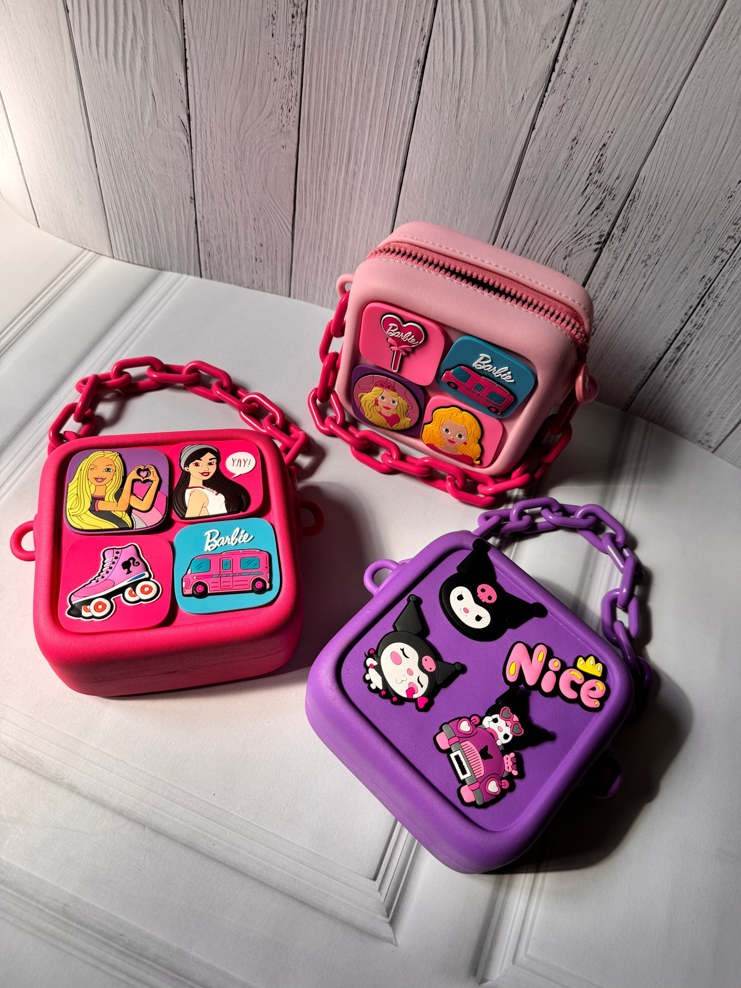 Barbie and Kuromi DIY Sling Bag | With Interchangeable Badges & Funky Chain Handle | Purse With Adjustable Belt