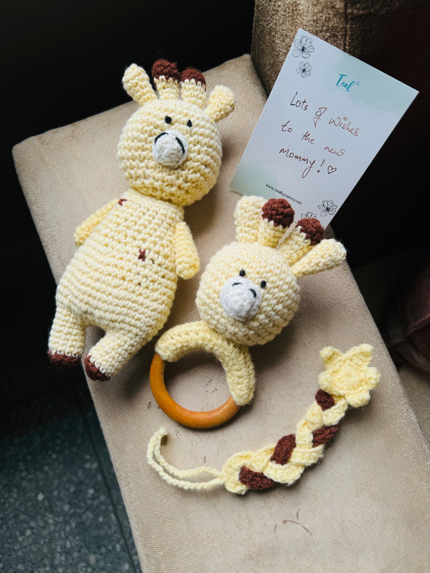 Crochet Newborn Hamper - soft toy, wooden teether, pacifier holder