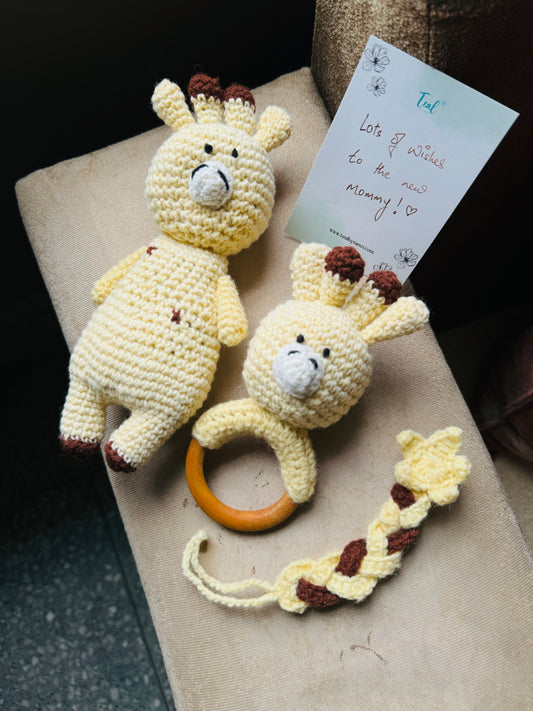 Crochet Newborn Hamper - soft toy, wooden teether, pacifier holder