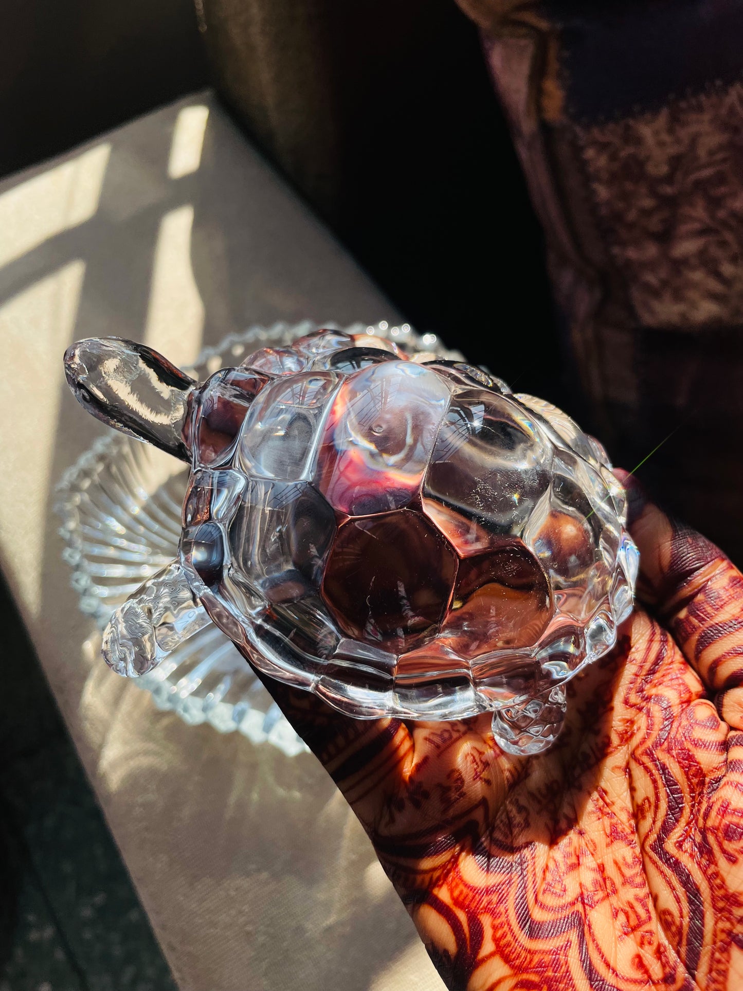 Feng Shui Glass Crystal Tortoise with Plate - Large