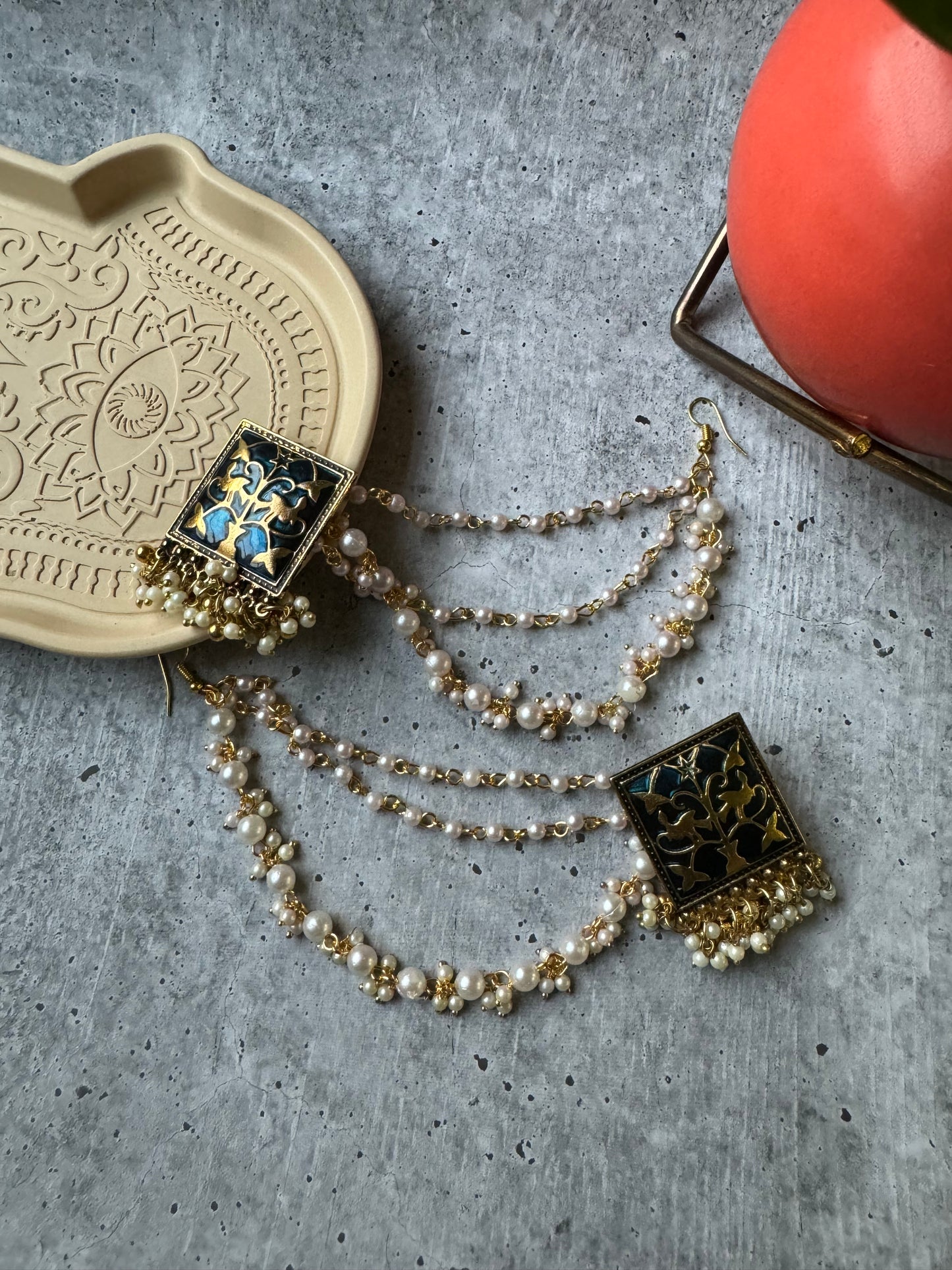 Premium Quality German Silver Blue Golden Meenakari with 3-layer Earchain Earring