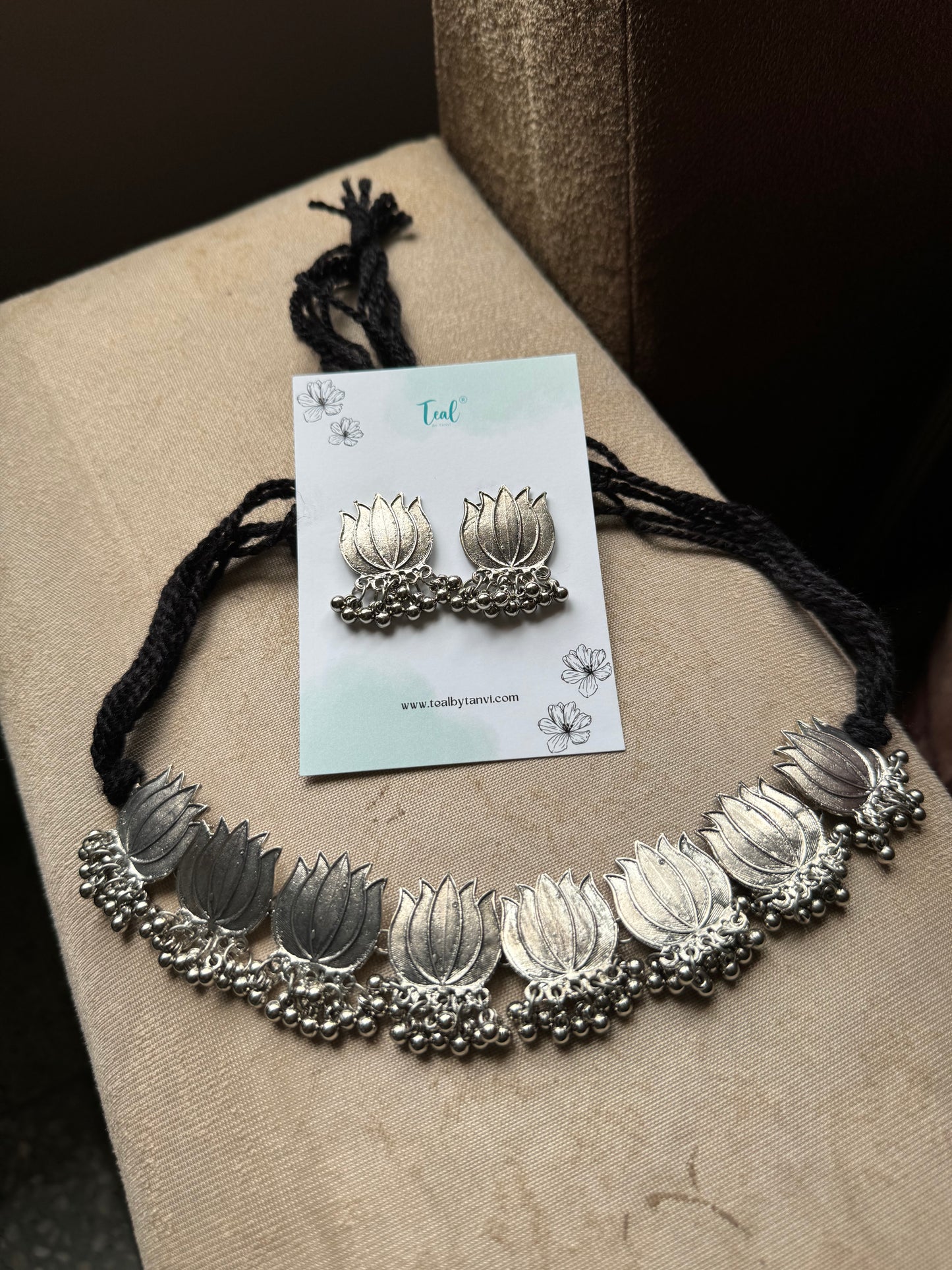 German Silver Lotus Choker and Earring Set