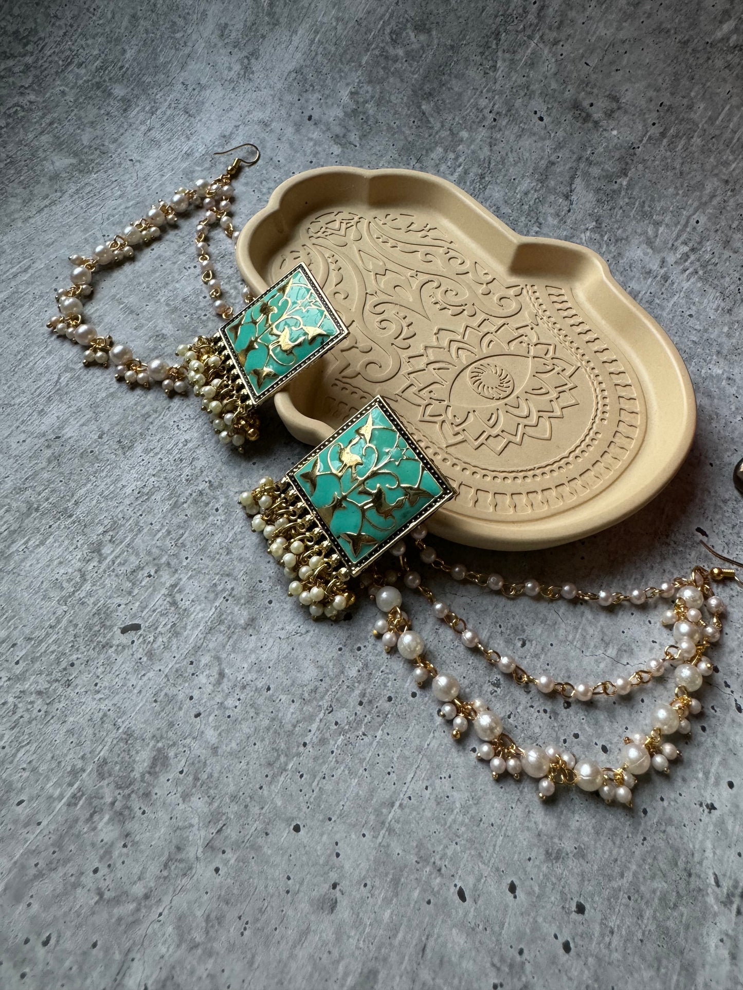 Premium Quality German Silver Teal Golden Meenakari with 3-layer Earchain Earring