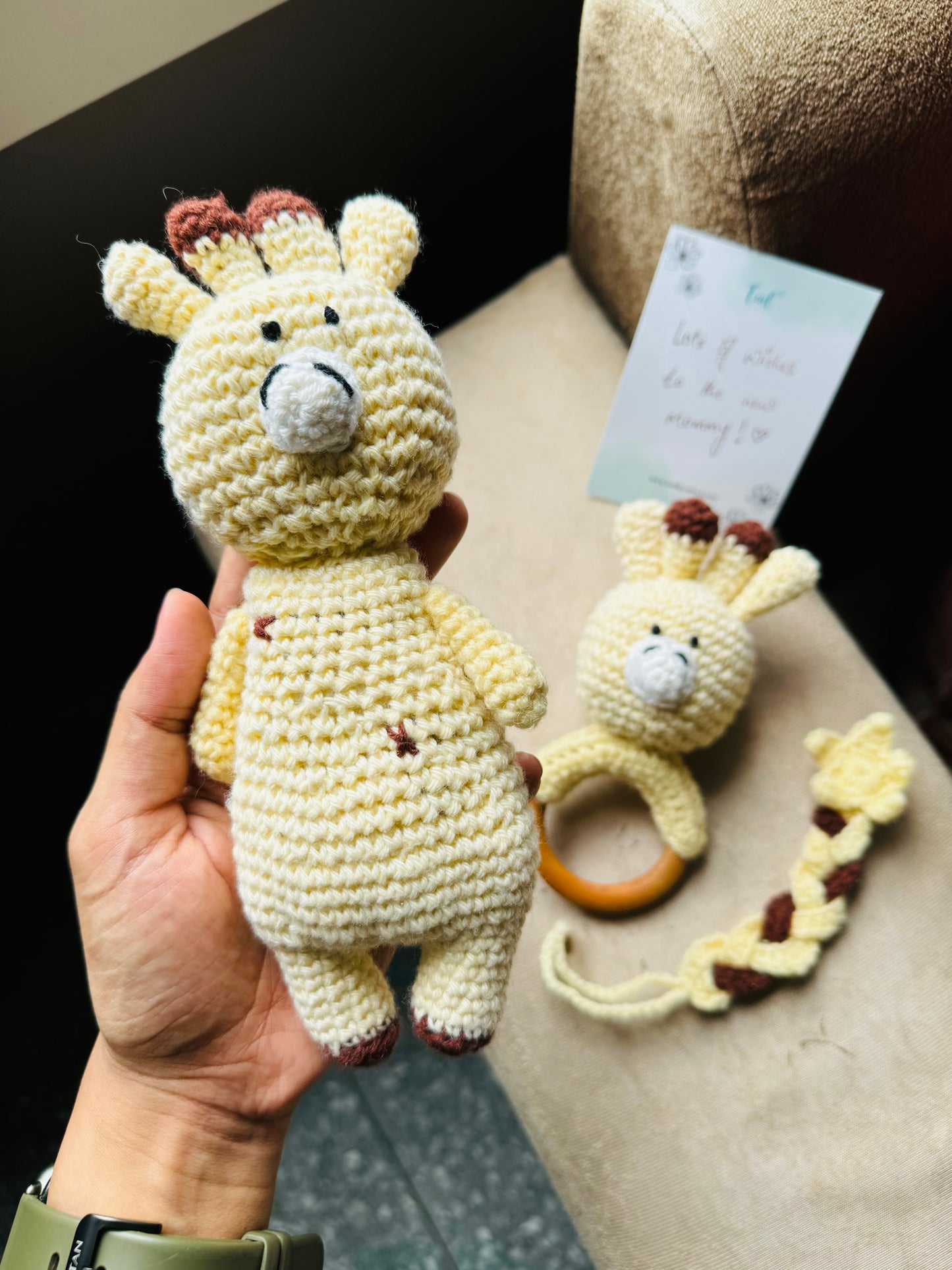 Crochet Newborn Hamper - soft toy, wooden teether, pacifier holder