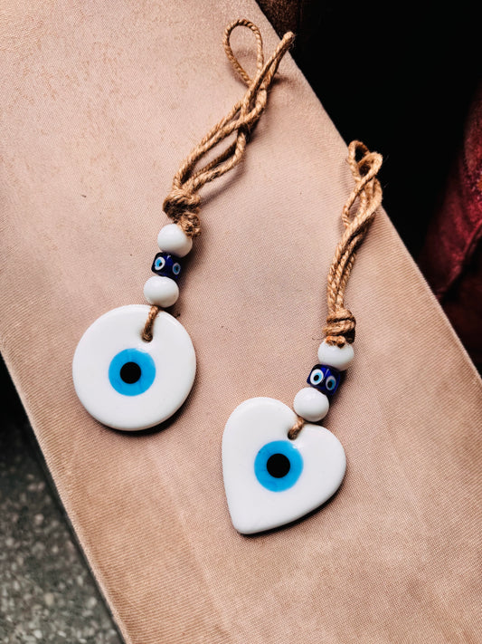 Turkish Evil Eye Amulet Car Hanging - White Round and Heart