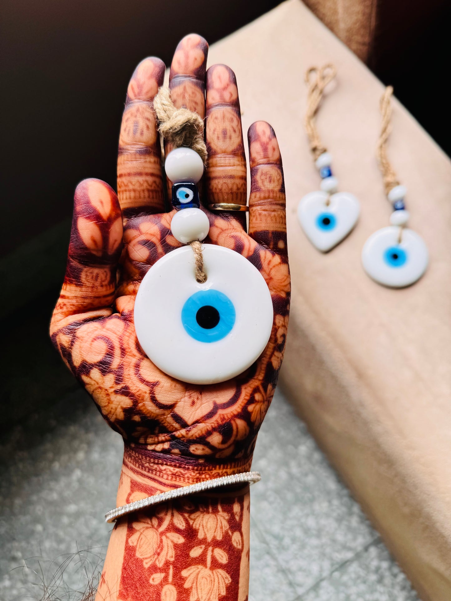 Turkish Evil Eye Amulet Car Hanging - White Round and Heart