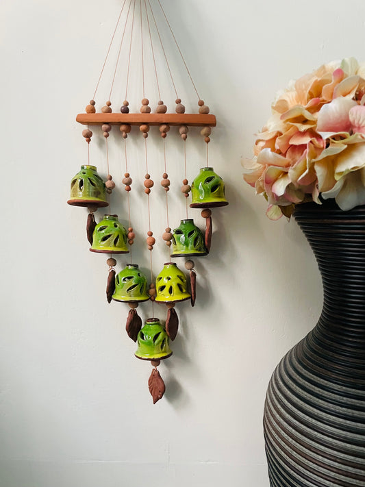 7-Bell Ceramic Windchime - Forest Green - Teal By Tanvi