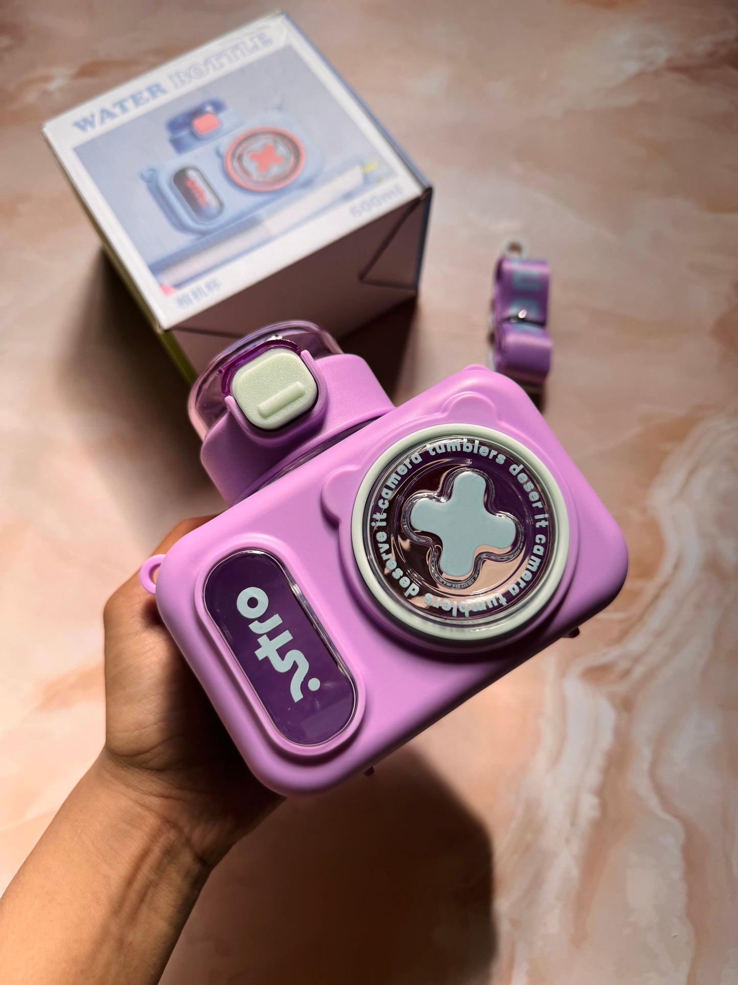 Camera Themed Sipper Bottle With Strap | Kids Cute Water Bottle | BPA Free Plastic Bottle | Silicone Cover