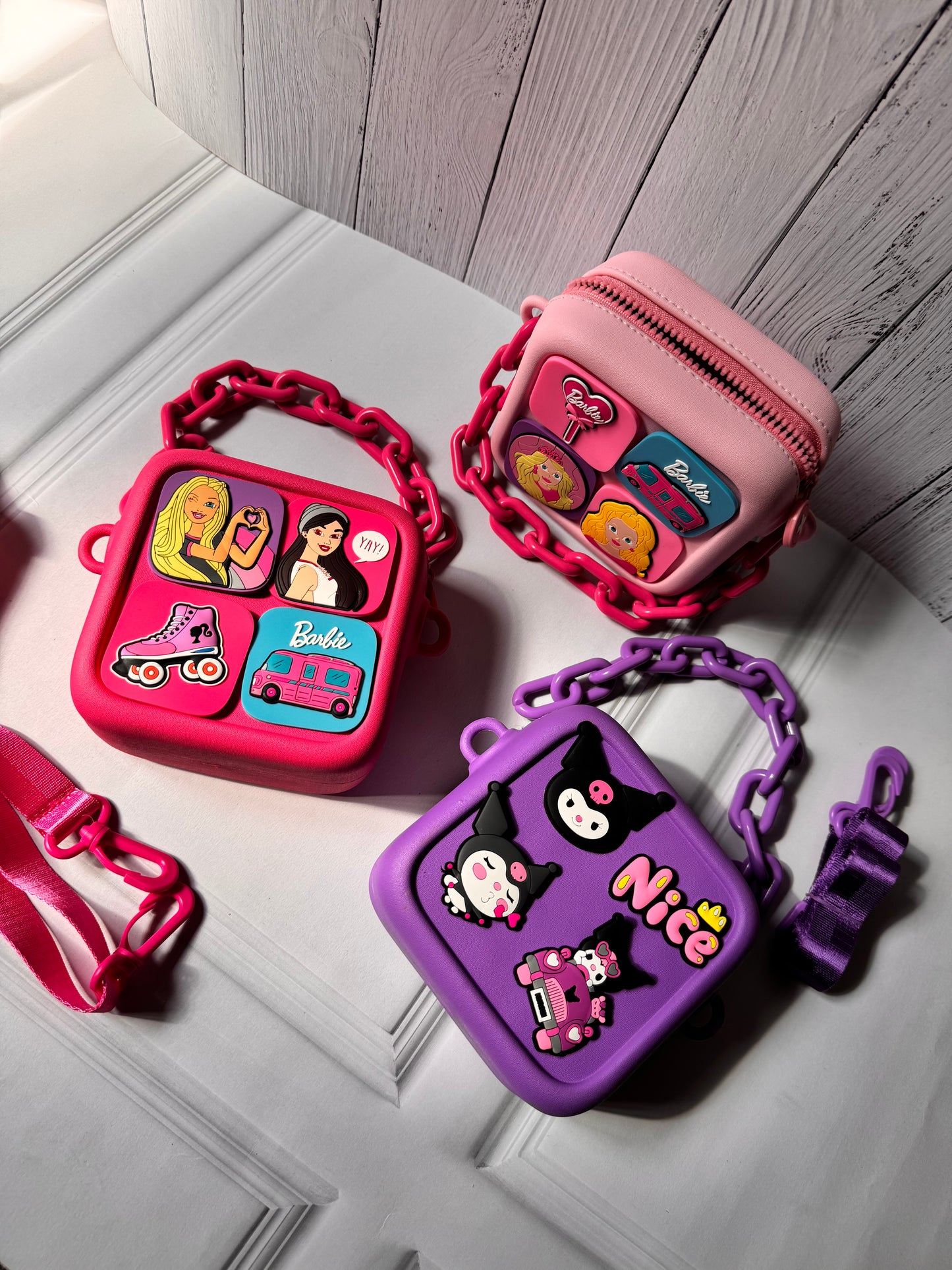Barbie and Kuromi DIY Sling Bag | With Interchangeable Badges & Funky Chain Handle | Purse With Adjustable Belt