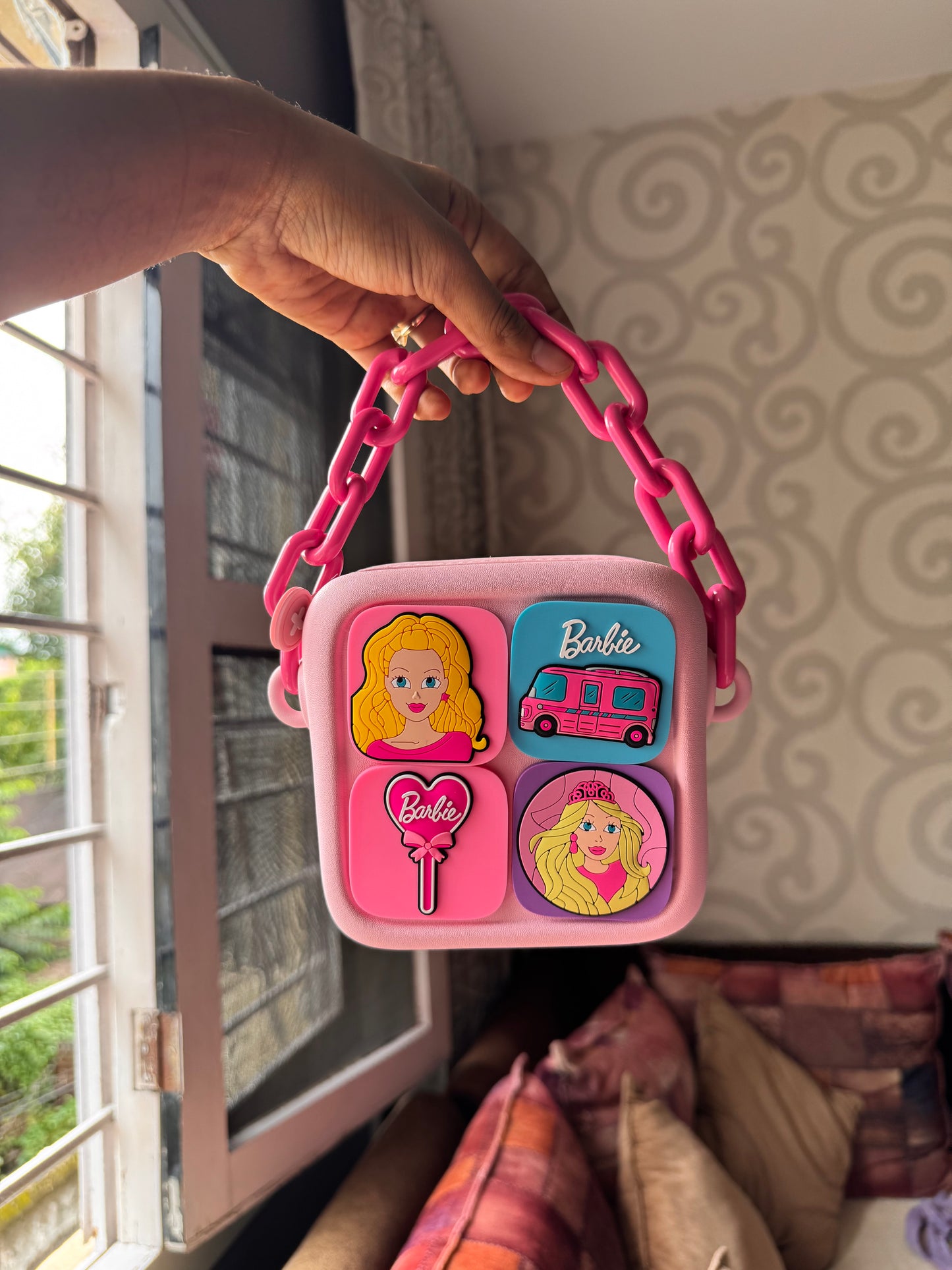 Barbie and Kuromi DIY Sling Bag | With Interchangeable Badges & Funky Chain Handle | Purse With Adjustable Belt