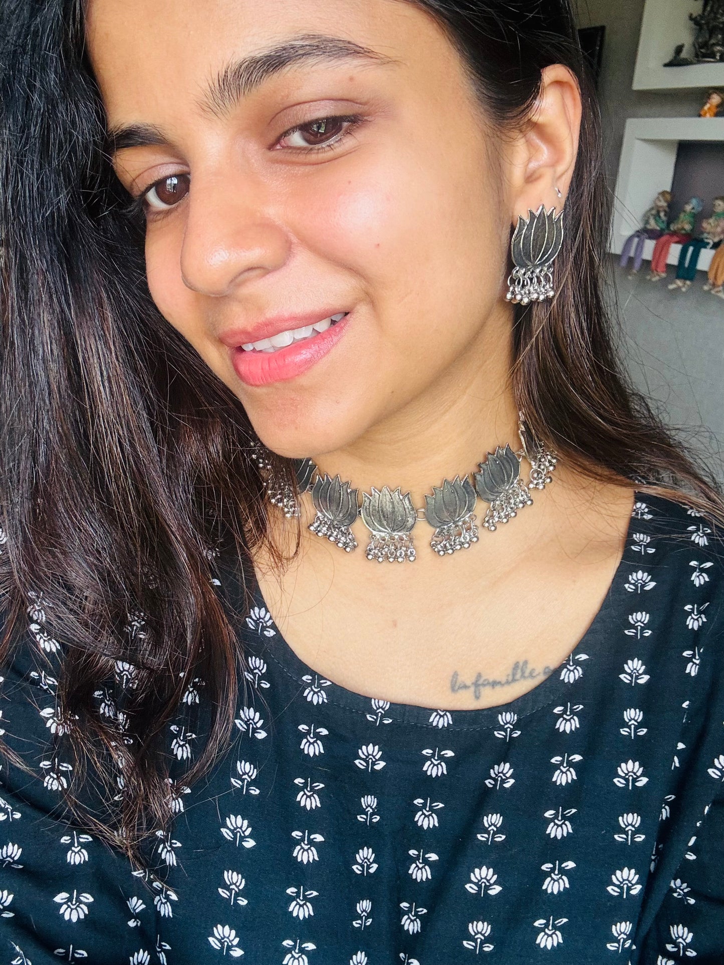 German Silver Lotus Choker and Earring Set