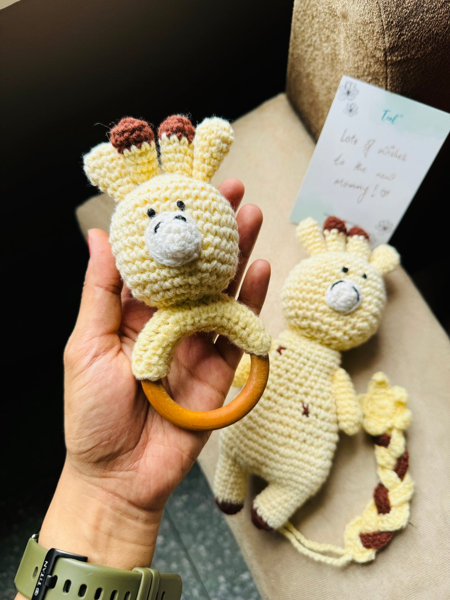 Crochet Newborn Hamper - soft toy, wooden teether, pacifier holder