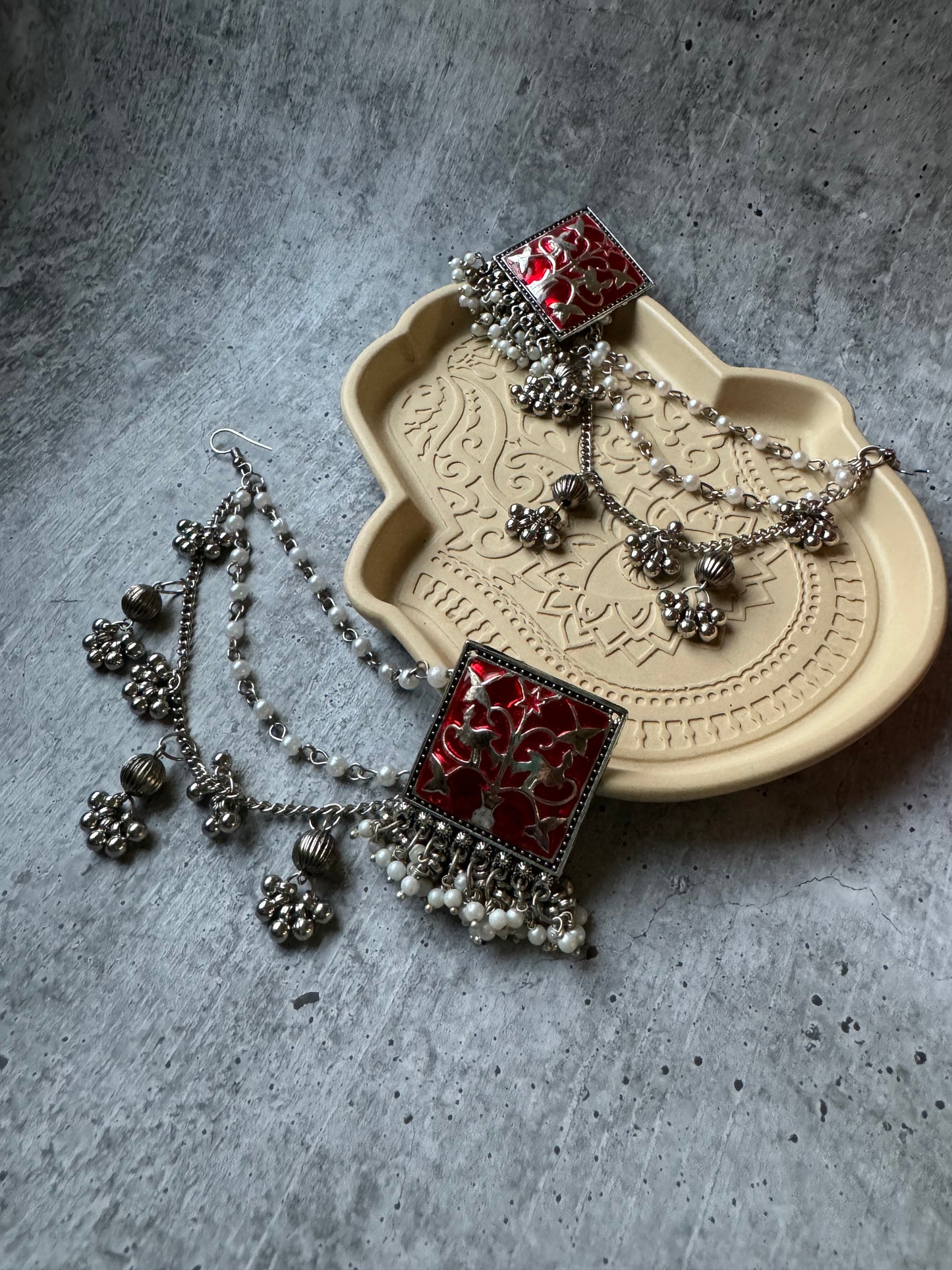 Premium Quality German Silver Red Meenakari with 3-layer Earchain Earring