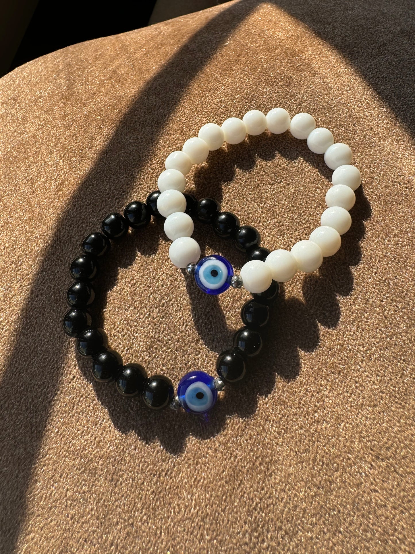 Black and white bead evil eye couple bracelet - Set of 2