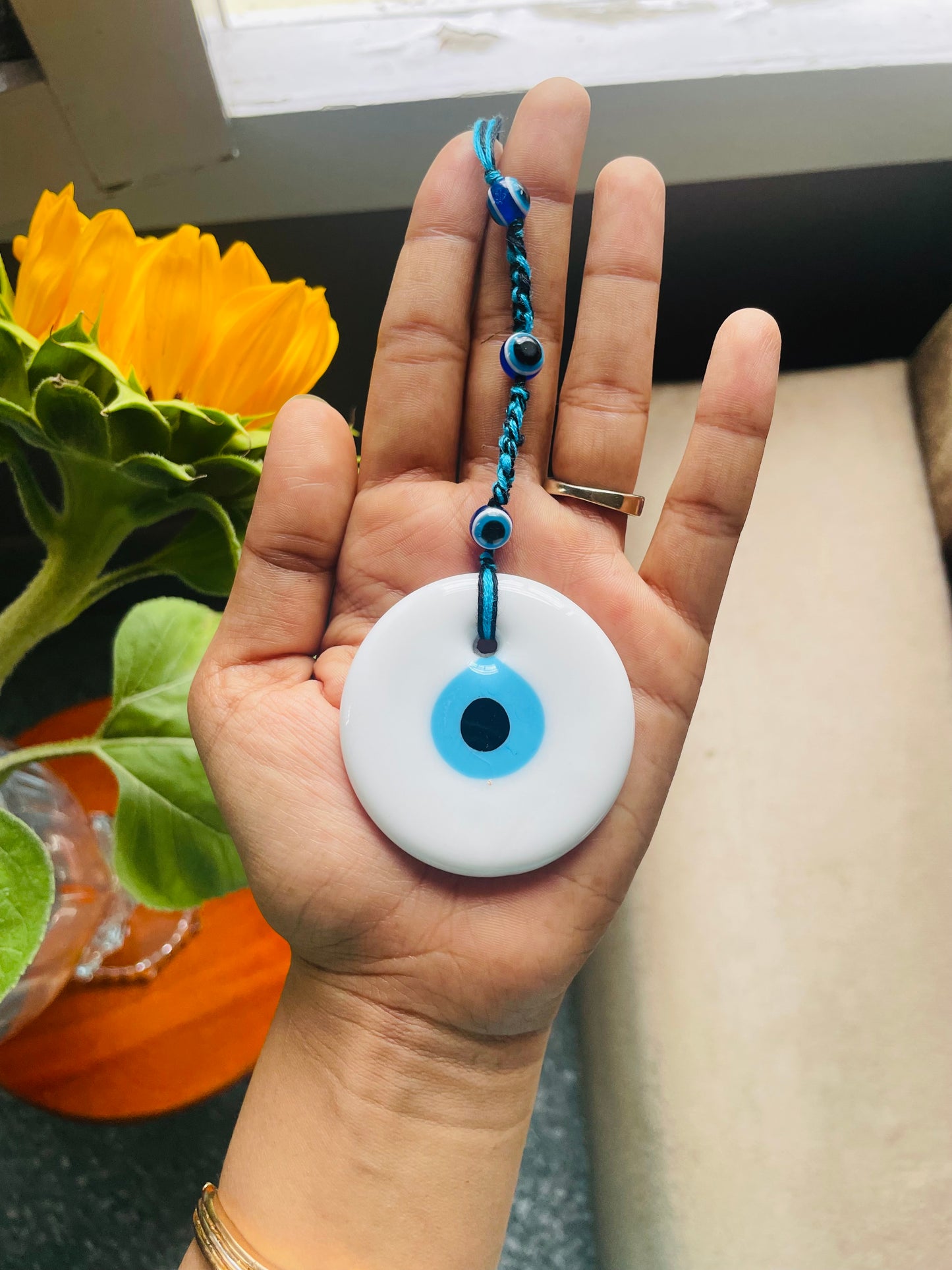 Turkish Evil Eye Amulet Car Hanging - White - Teal By Tanvi