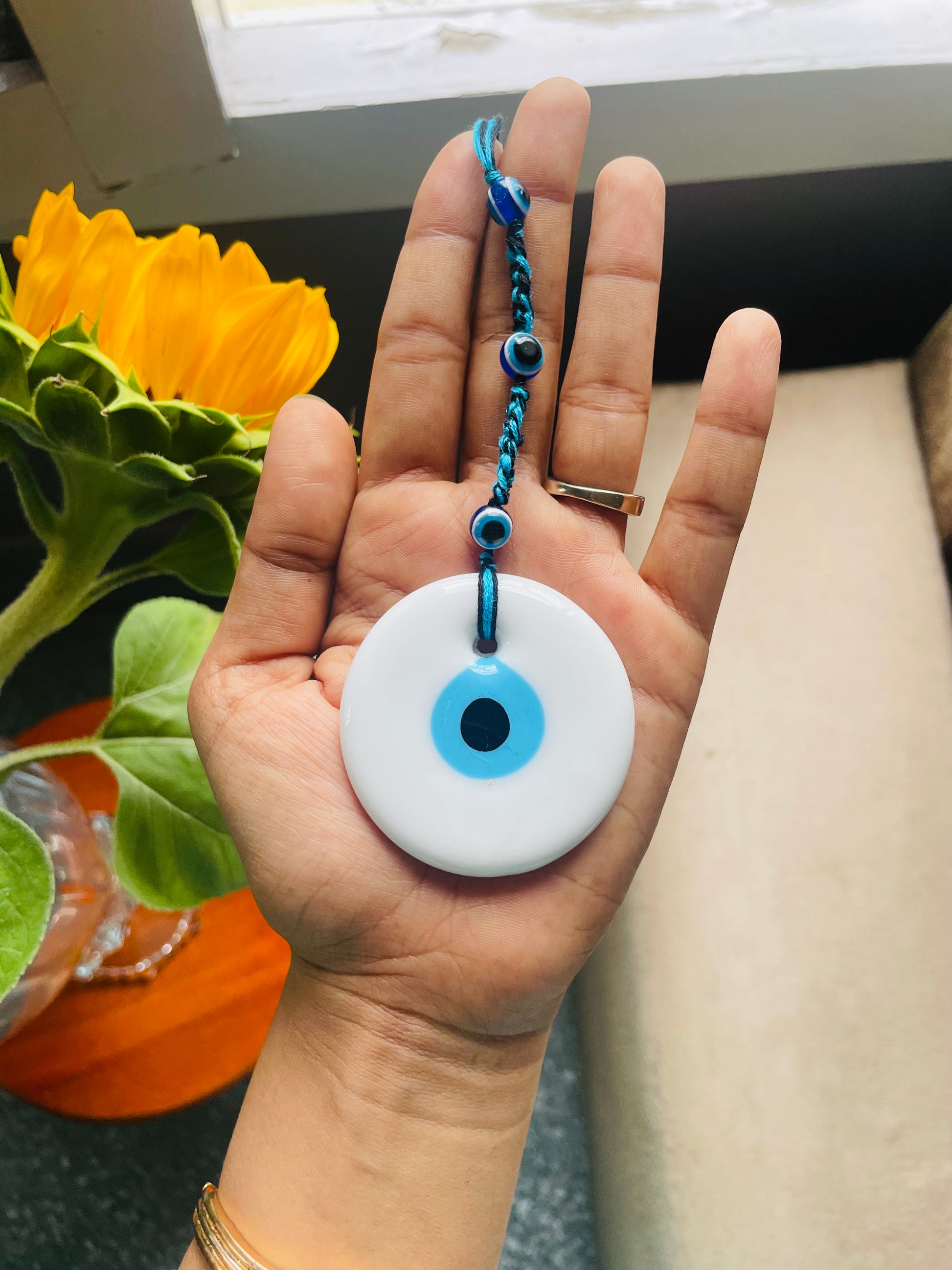 Turkish Evil Eye Amulet Car Hanging - White - Teal By Tanvi