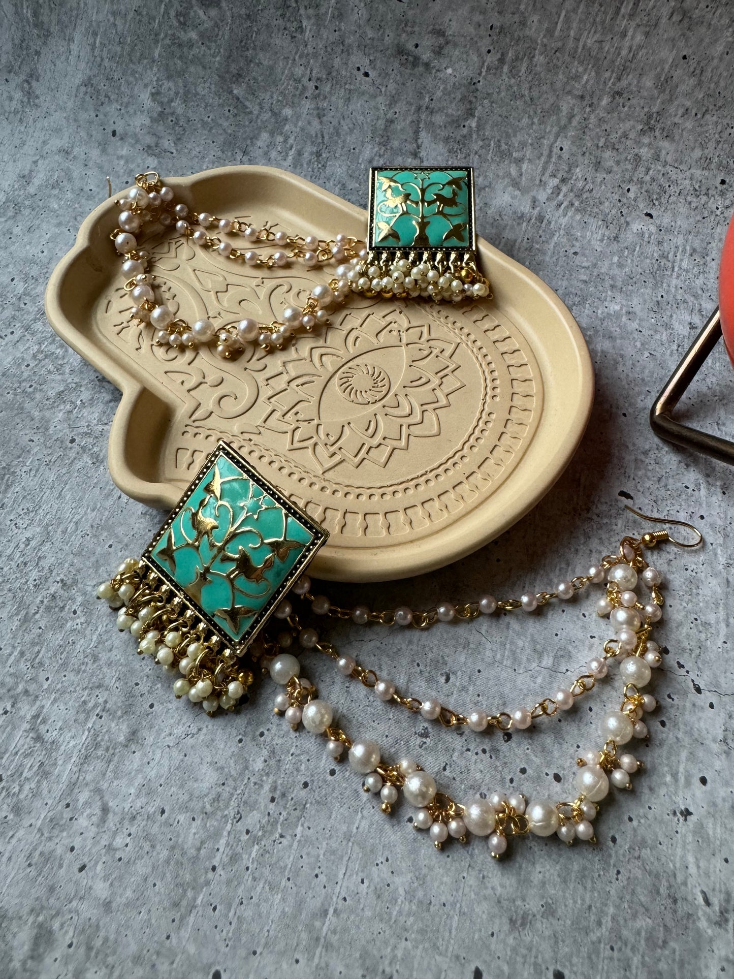 Premium Quality German Silver Teal Golden Meenakari with 3-layer Earchain Earring