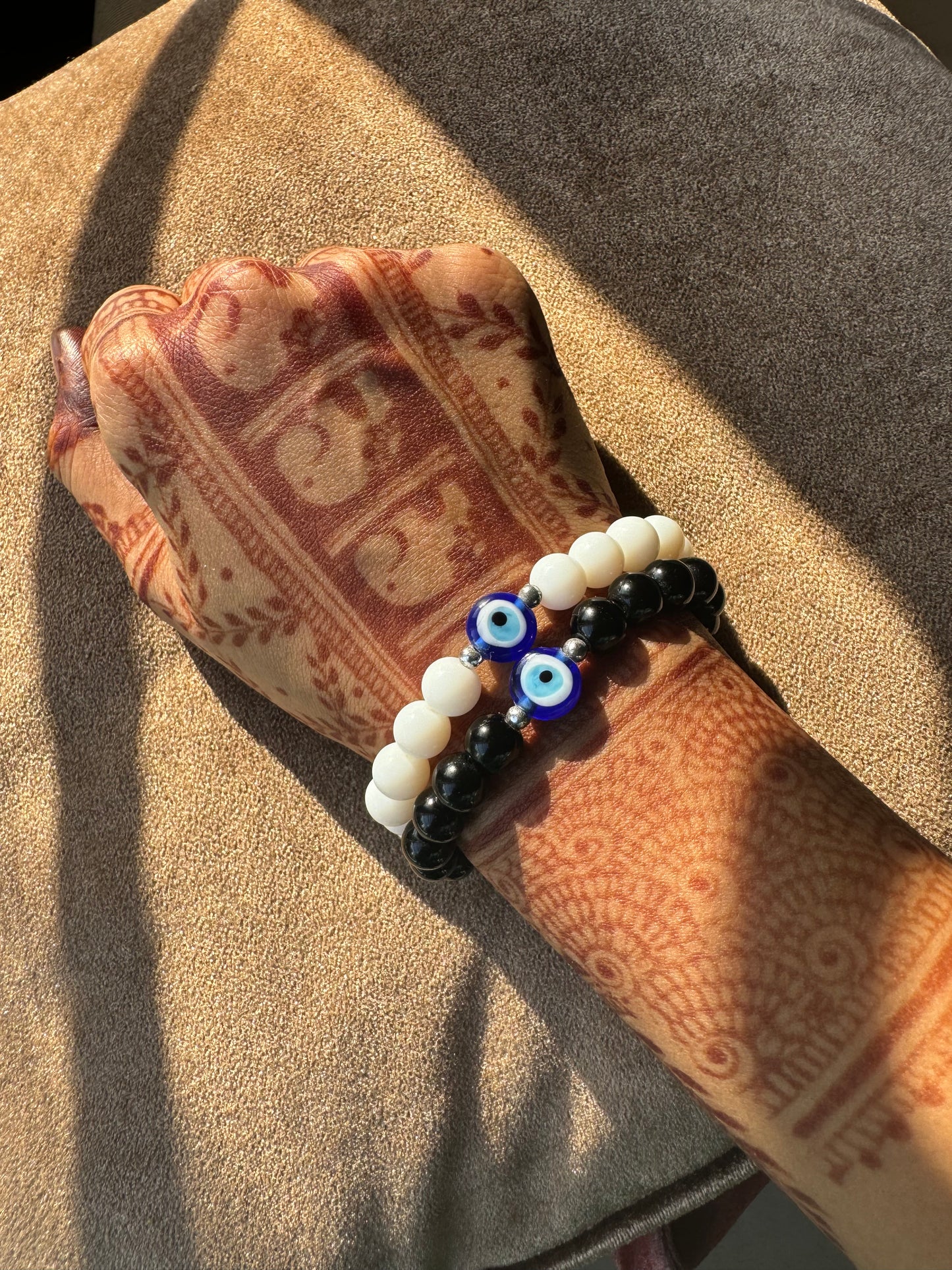 Black and white bead evil eye couple bracelet - Set of 2