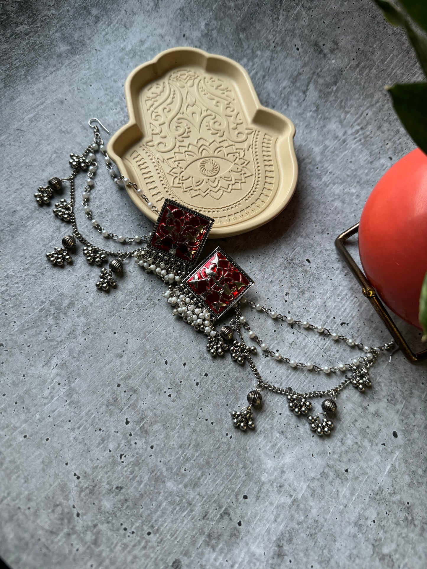 Premium Quality German Silver Red Meenakari with 3-layer Earchain Earring