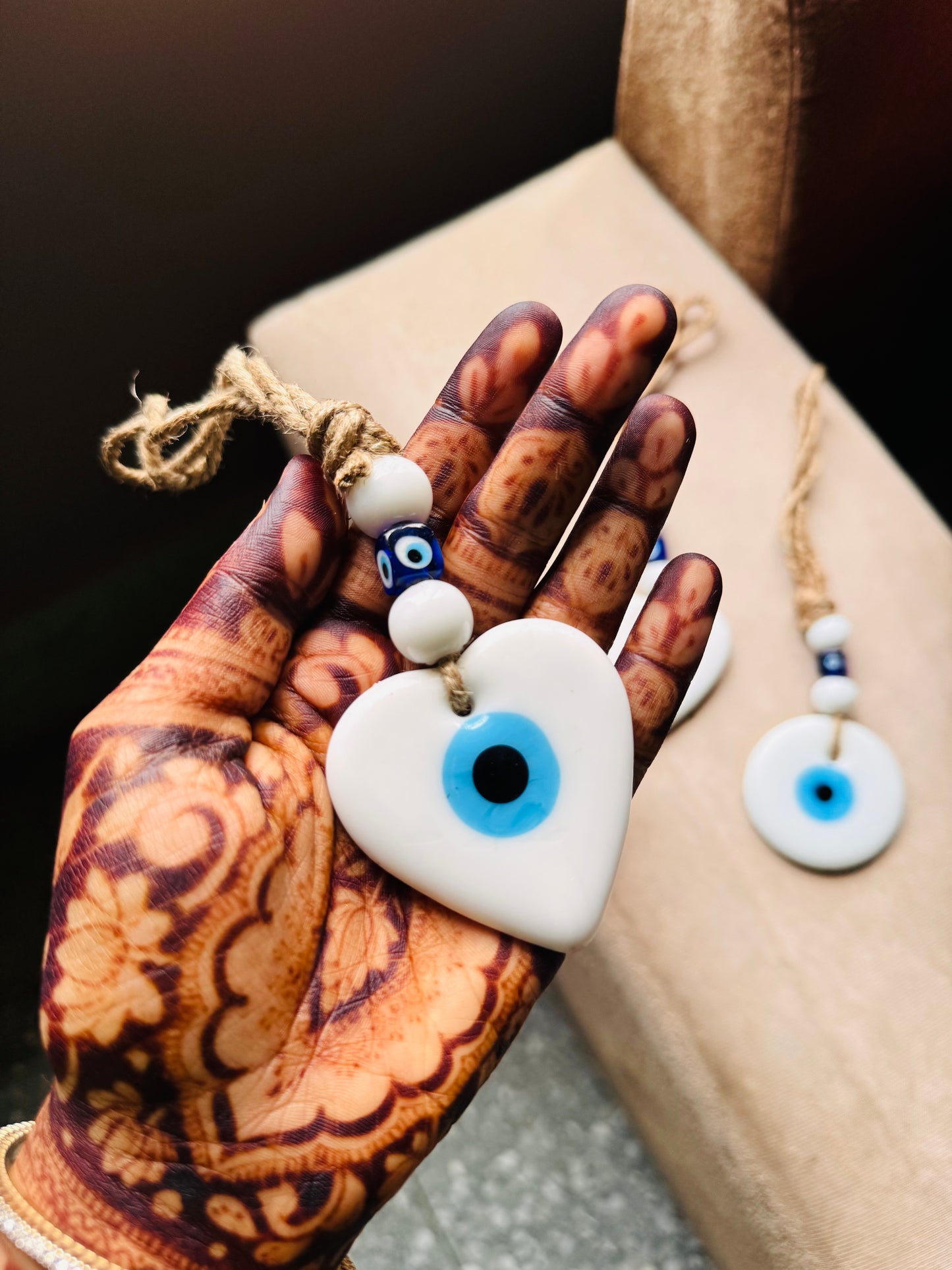 Turkish Evil Eye Amulet Car Hanging - White Round and Heart