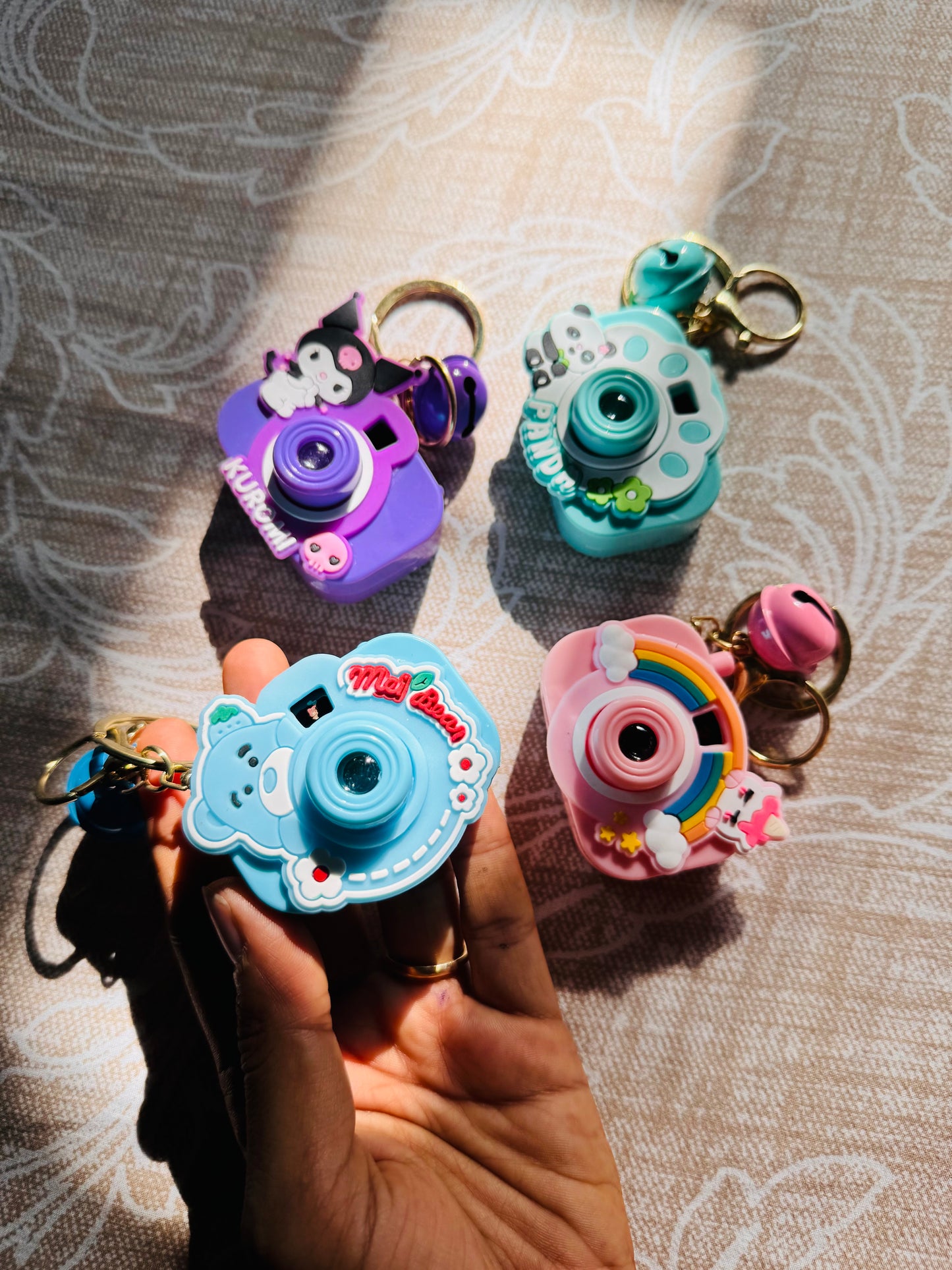 Mini Cartoon Projector Keychain | With Bell | Camera Shaped | Pink, Purple, Blue, Green