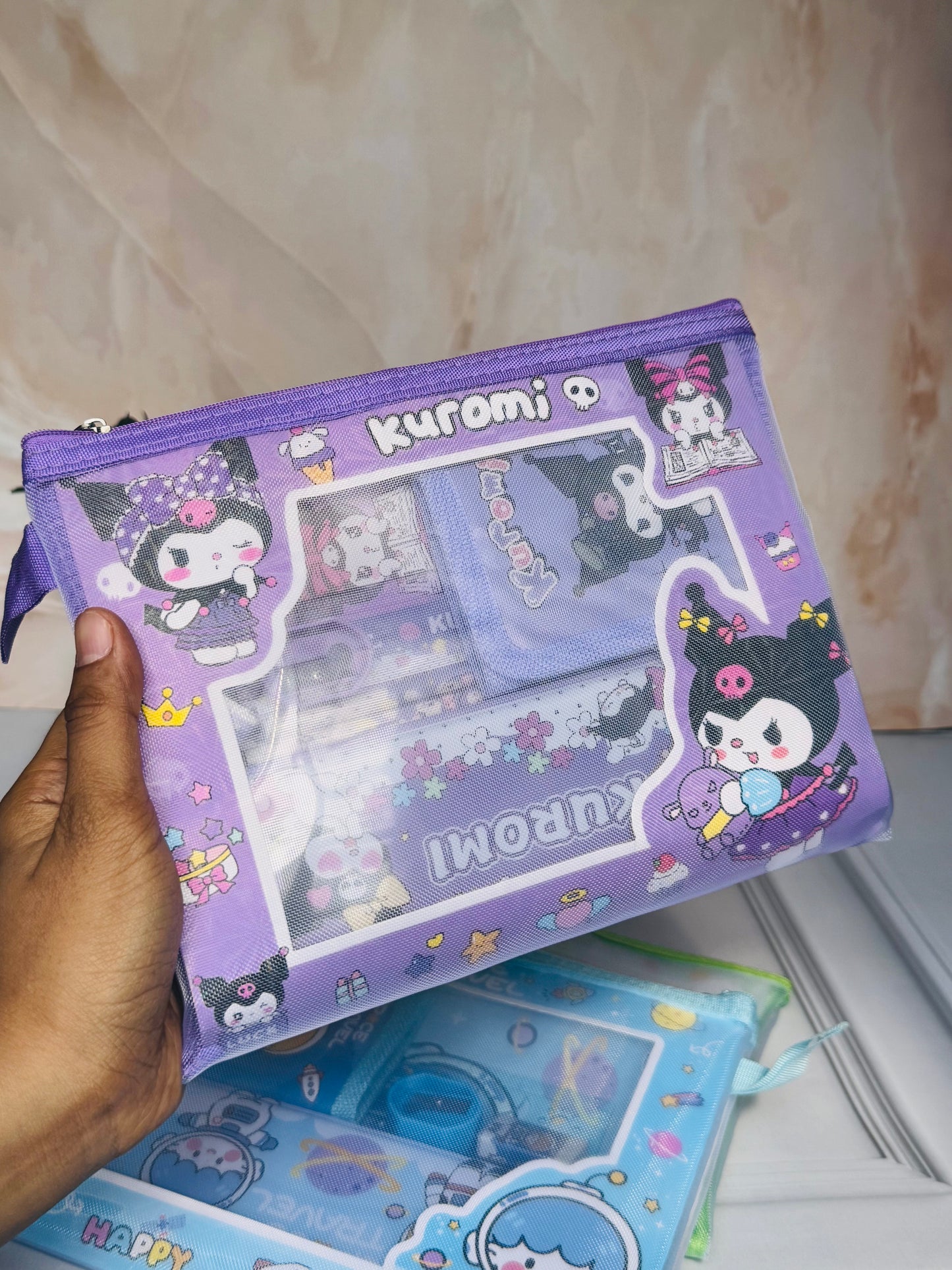 Mesh Stationary Kit for Kids | Kuromi, Space & Dino Designs | Zipper Stationery Case Gift Set