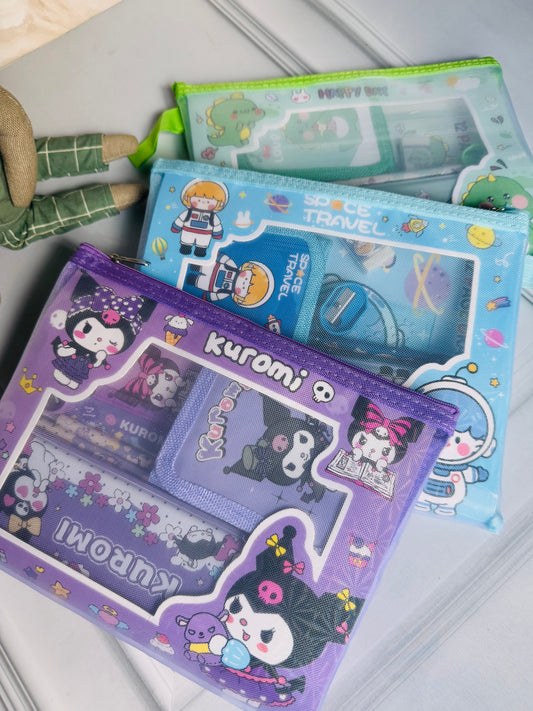 Mesh Stationary Kit for Kids | Kuromi, Space & Dino Designs | Zipper Stationery Case Gift Set