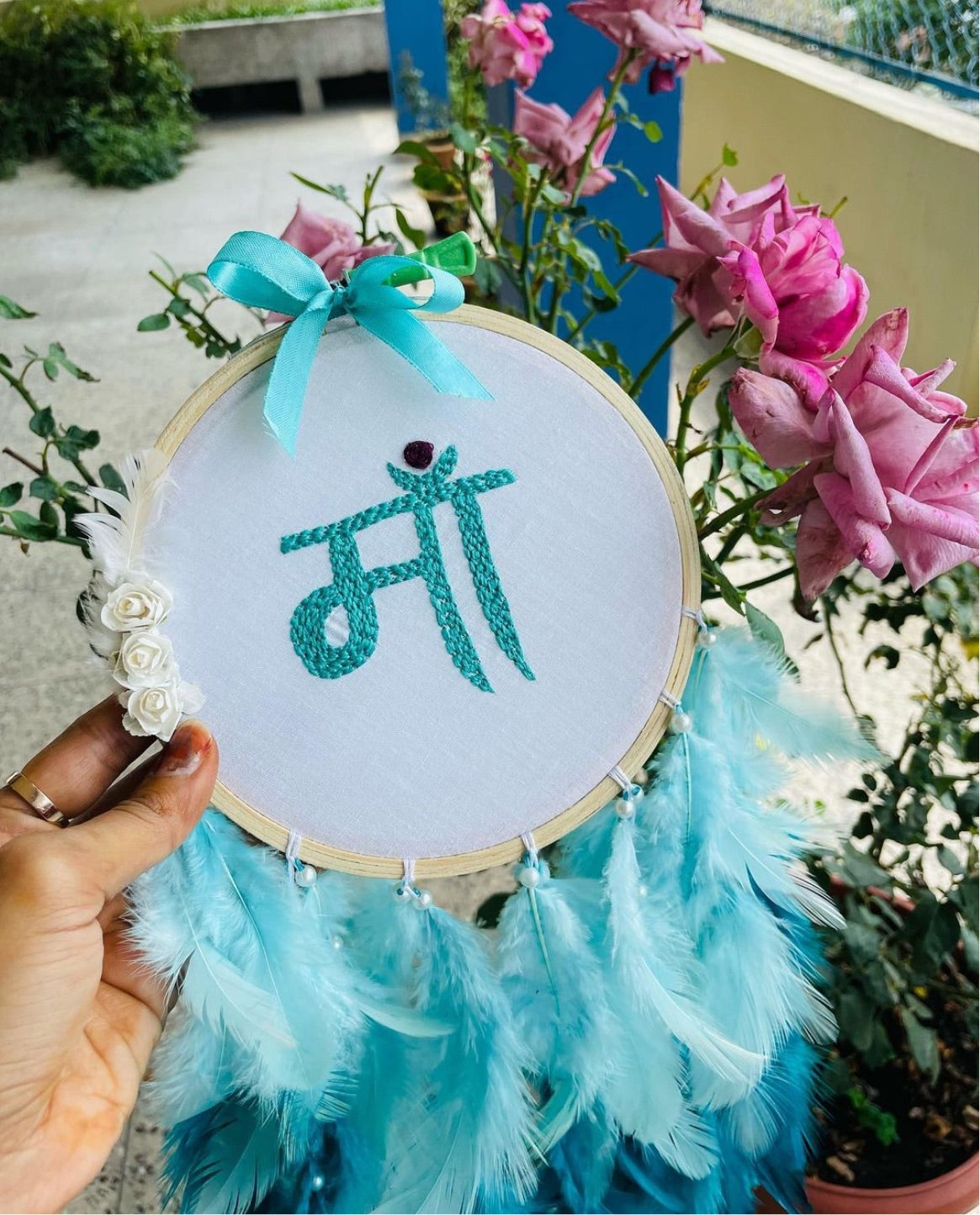 “Maa” Embroidery Dreamcatcher - Sea Green - Teal By Tanvi