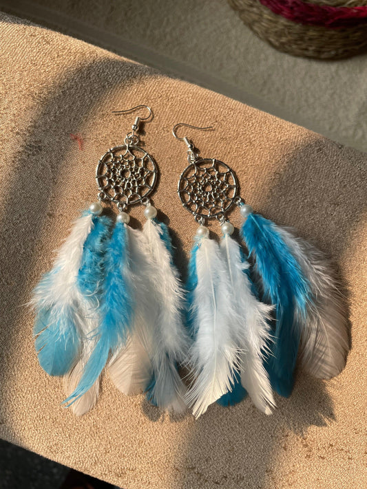 Sky Blue White Bohemian Dreamcatcher Earrings - Teal By Tanvi
